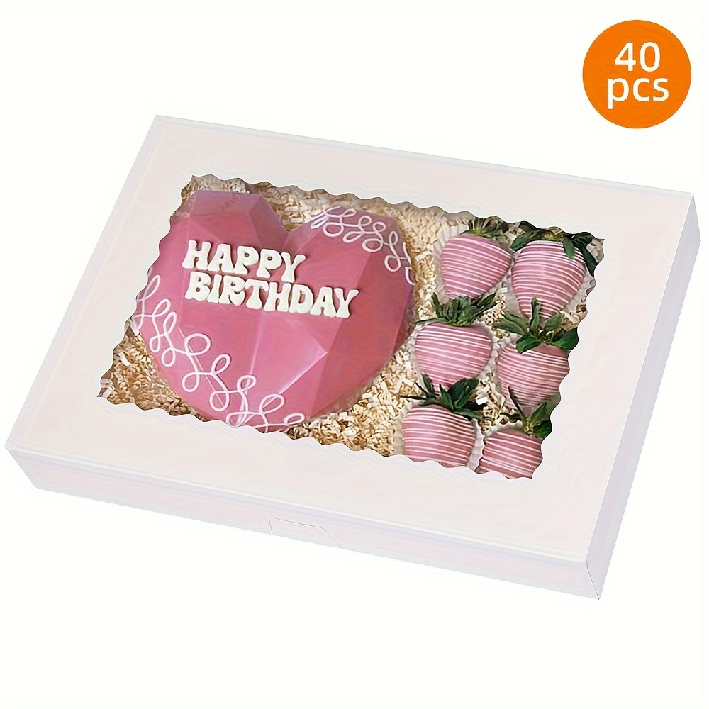 

40pcs Boxes, 16x11x2.5 Inches Cookie Boxes With Window, White Bakery Boxes Donut Boxes Auto-popup Cake Boxes For Pastries, Pies, Muffins, Chocolate Covered Strawberries