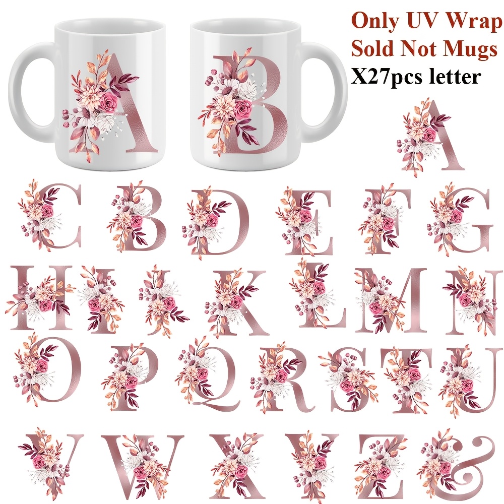 

27pcs Autocollants UV DTF Alphabet Floral - Étanches, Décalcomanies Auto-Adhésives pour Mugs, Bouteilles & Loisirs Créatifs, Design en Feuille