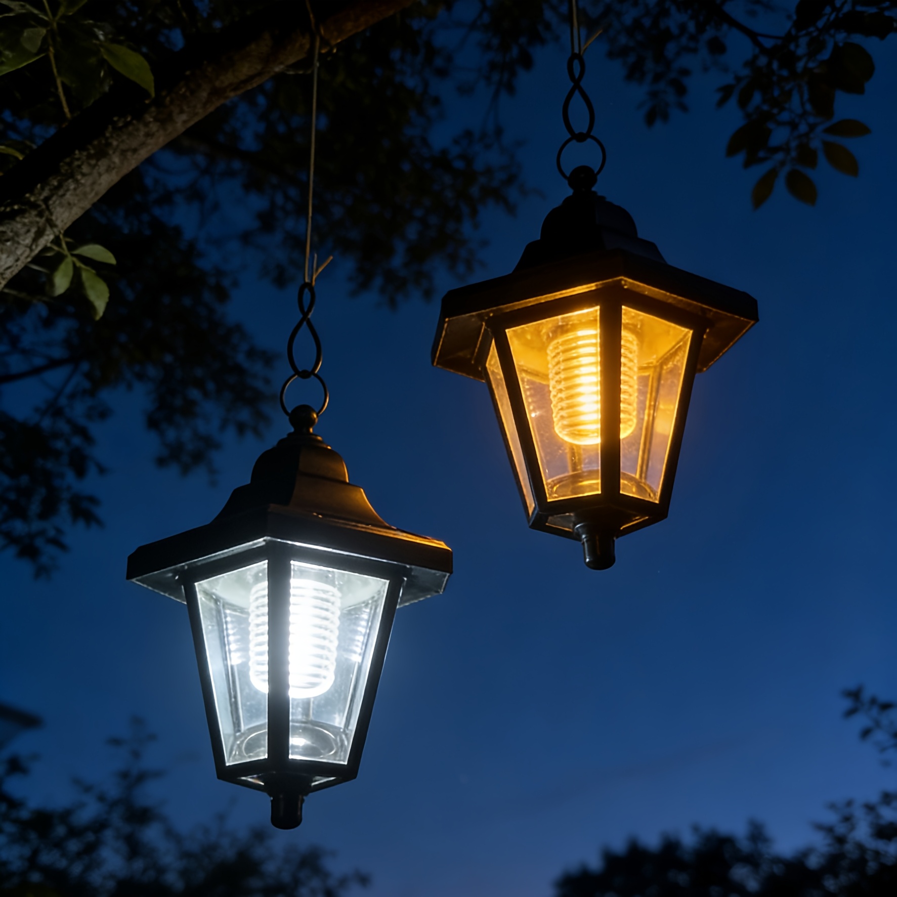 TEMU lampes solaires hexagonales avec options de lumière blanc froid et lumière chaude pour extérieur. Convient pour les patios, balcons et couloirs