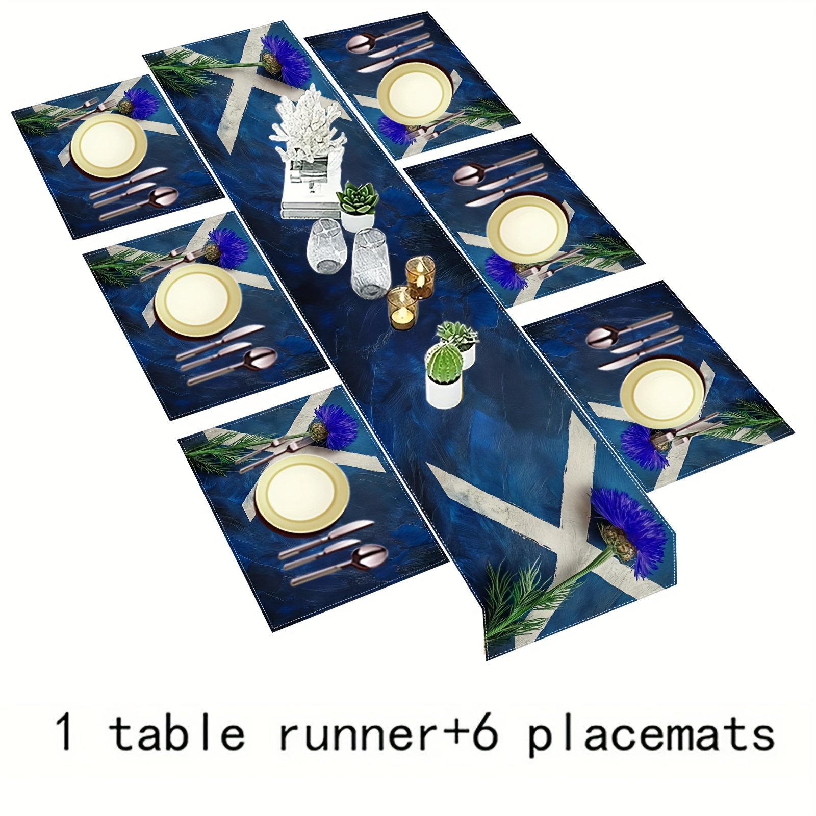 TEMU A 5/7pcs Set Featuring The And Thistle Placemats Along With Table Flags, Stylish Printed Placemats And Table Flags Suitable For Dining Tables,