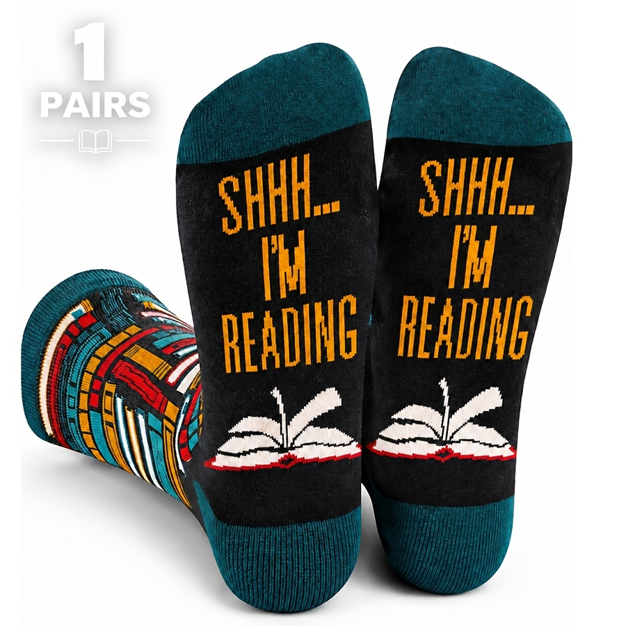 TEMU 1 Pair Of Unisex Creative Reading-themed Mid-calf Socks With Letter And Book Patterns, Mid-calf Socks For Book Lovers, For Home, Daily Wear,