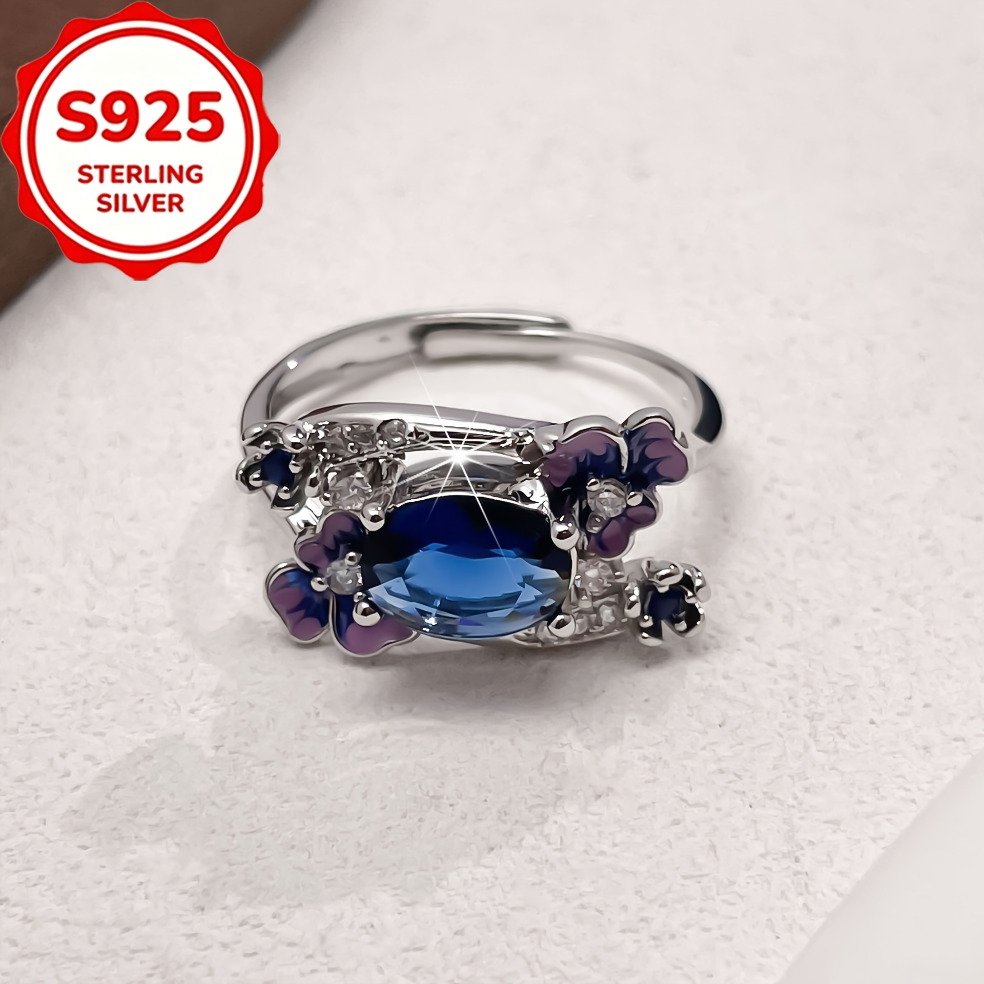 Women's S925 Silver Inlaid Blue Zirconia Open Ring, Light Luxury