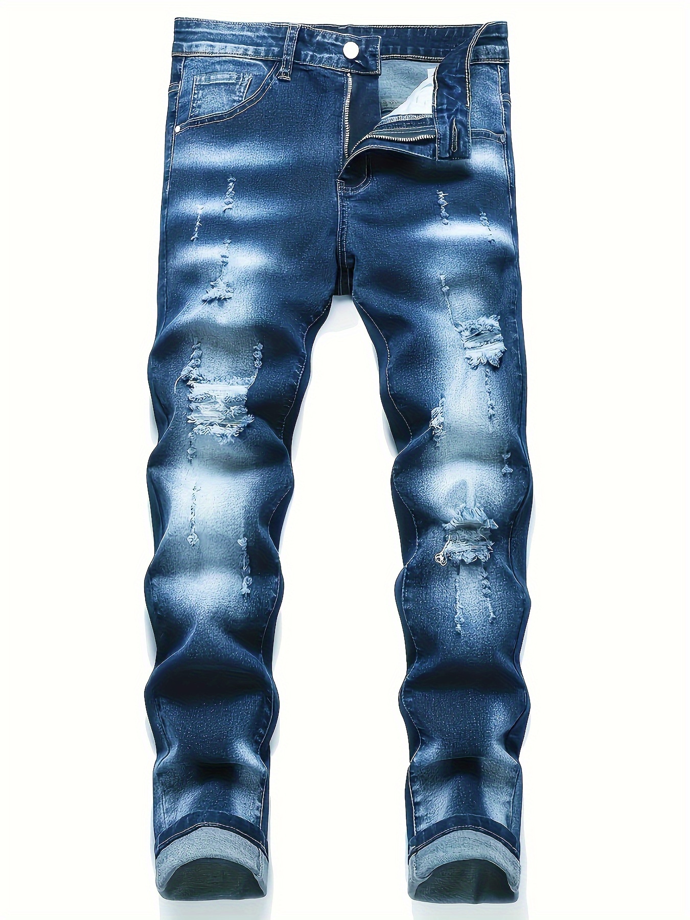Slim Fit Stretch Jeans Men's Casual Street Style Distressed - Temu