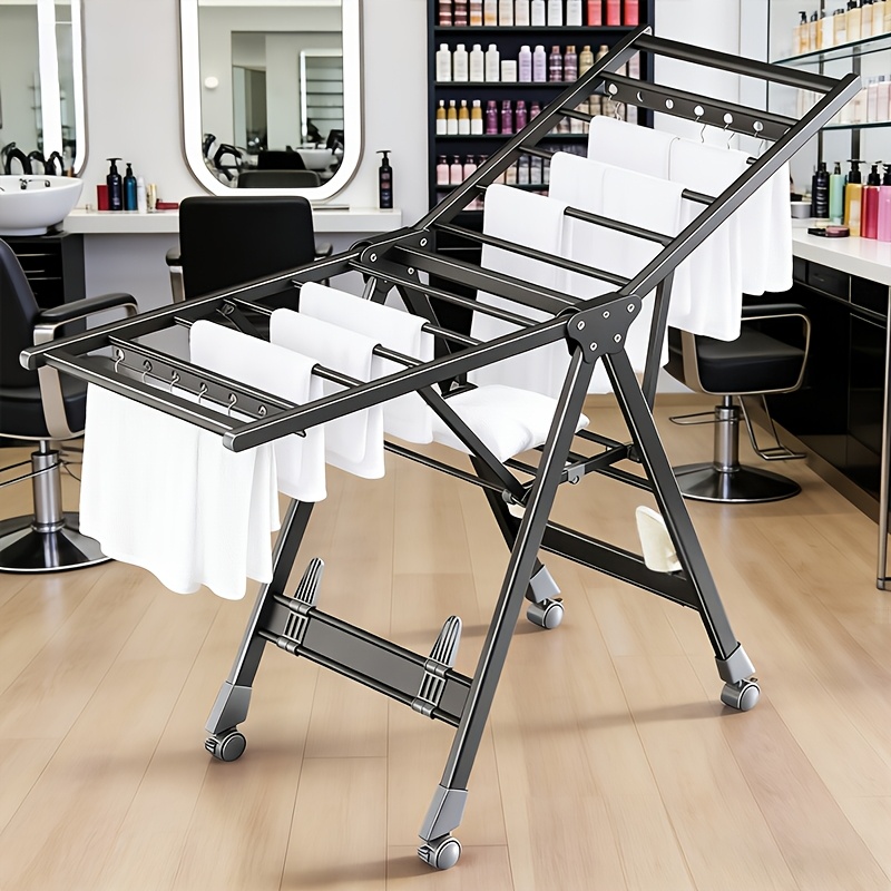 Image of Bathroom Towel Racks - Foldable Laundry Drying Rack For Clothing & Bedding, Easy-to-assemble, Space- Metal Airer With Lockable Wheels, Indoor & Outdoor Use, Gray