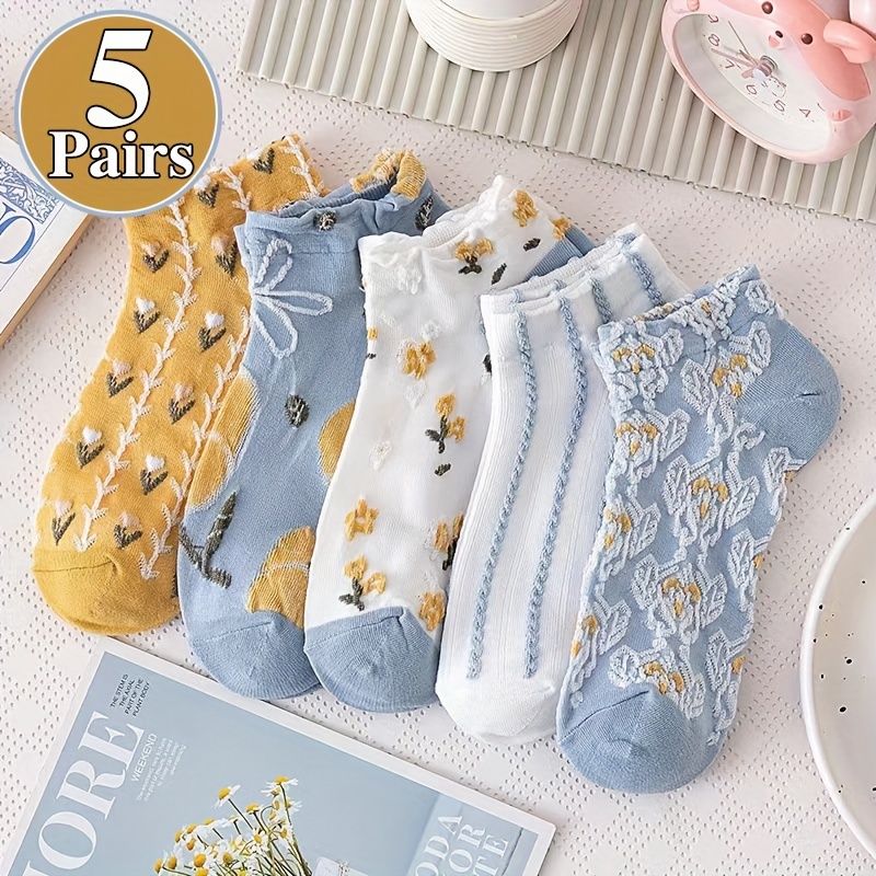 

5 Pairs Ditsy Floral Textured Socks, Vintage & Cute Low Cut Ankle Socks, Women's Stockings & Hosiery