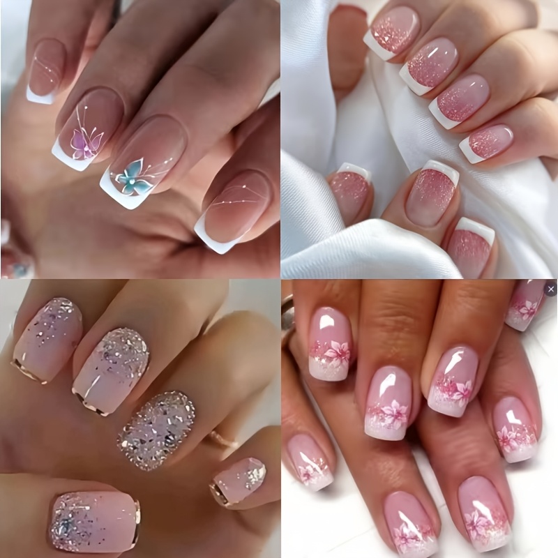 TEMU 98pcs Set (96 Wearable Armor Nails + 1 Nail File + 1 Jelly Glue) Medium Square Pattern Press-on Nails, 4 Designs And For Daily Matching