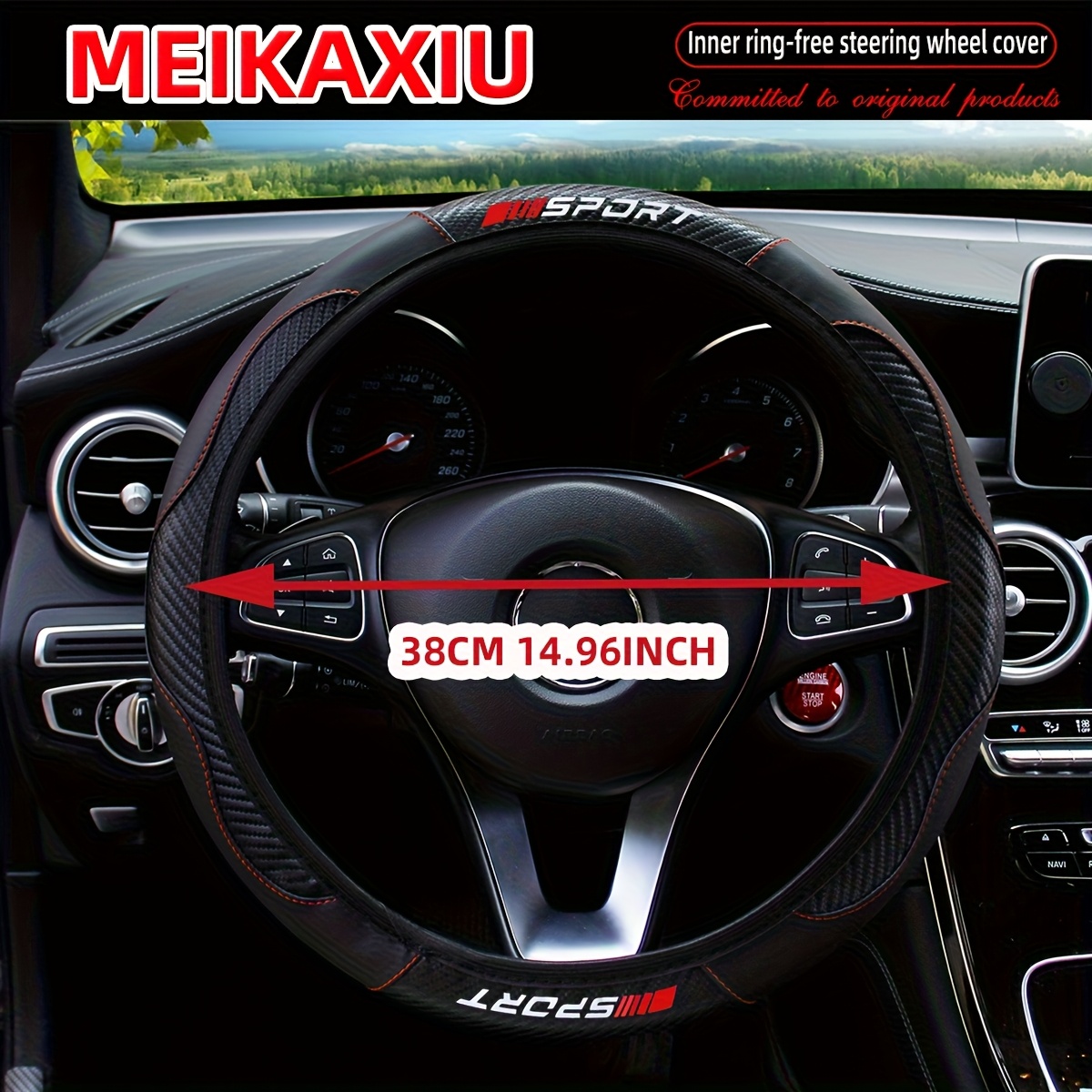 Elastic Car Steering Wheel Cover with Carbon Fiber Red SPORT Logo, New Decorative Accessory Suitable for 37-38Cm Car Products