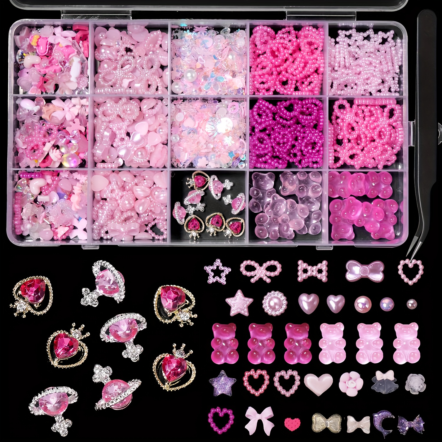 

Pink Pearls & Charms Nail Art Set, 3d Heart & Butterfly Bows, Bear & Star Jewel Nail Art Decoration, Planet Nail Gems, Assorted Diy Manicure Craft Beads Accessories