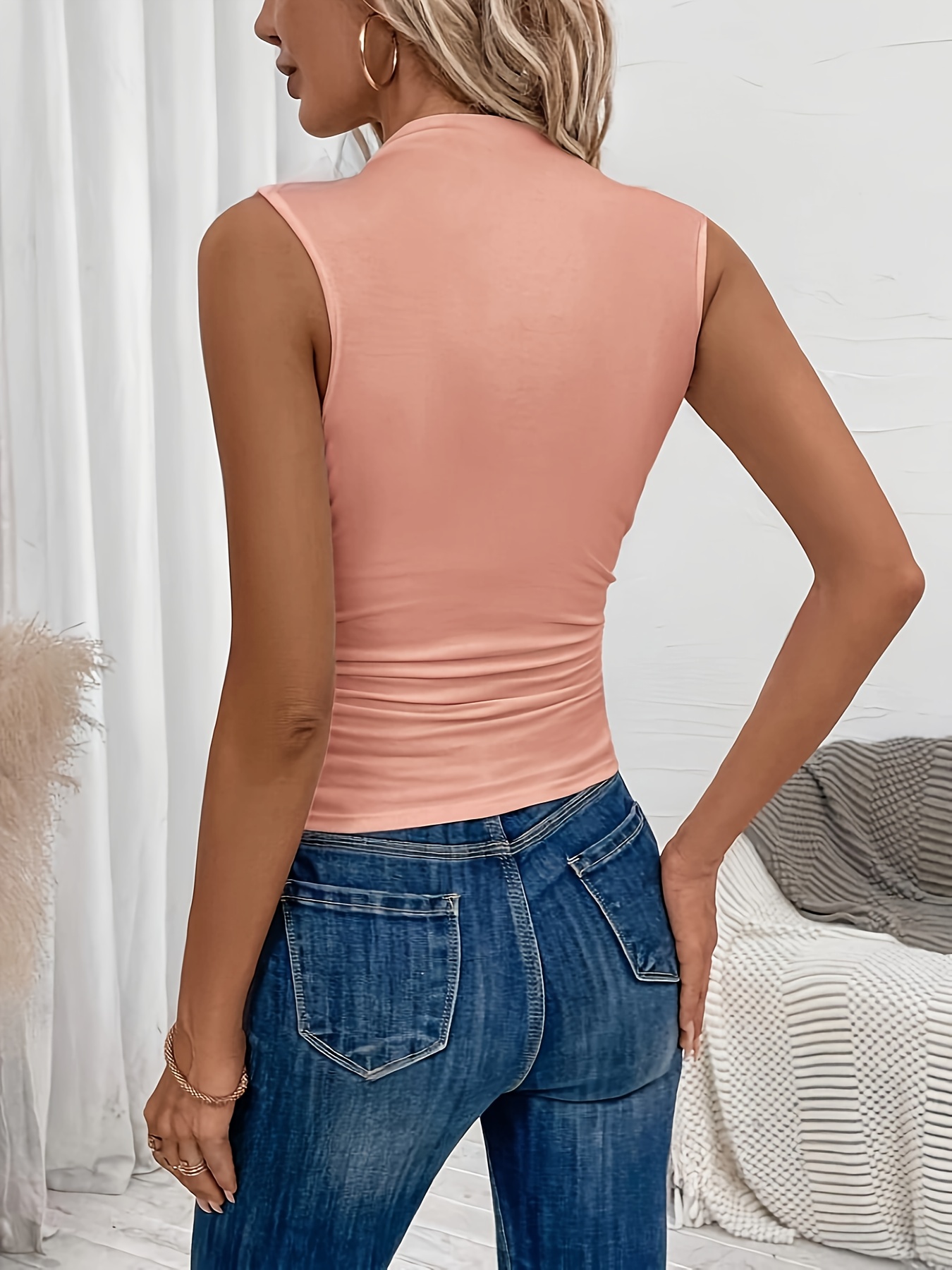 Women'S Elegant Sleeveless Vest - Vibrant Red with Ribbed Cuffs & Waist Detail, Stretchy Polyester Blend for Spring/Summer, Machine Washable, Casual Chic Style
