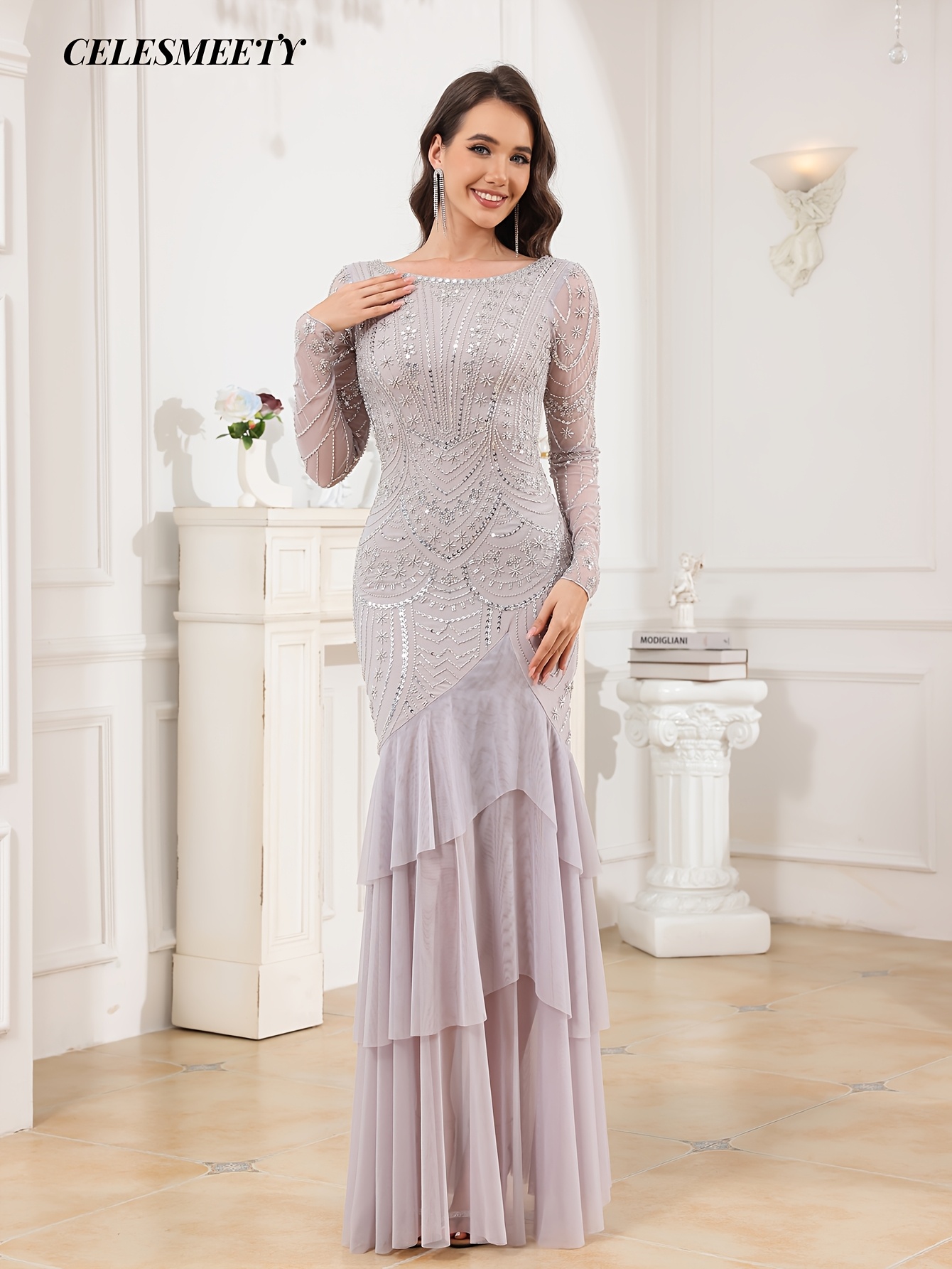 elegant lavender and light silvery embellished layered evening gown suitable for parties   holidays dates wedding