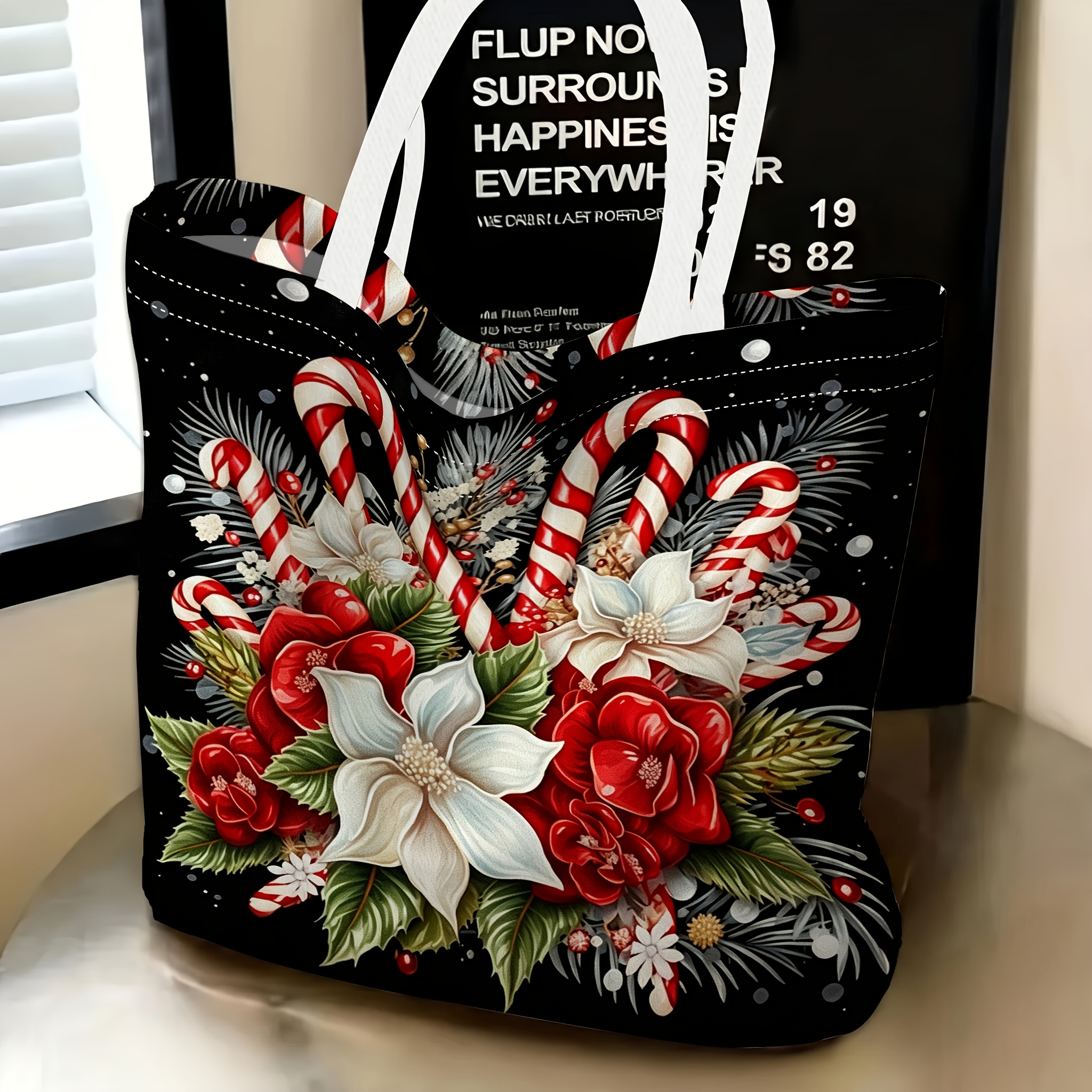 TEMU 1pc, Women's Handbag, 2d Flat Christmas Bouquet Printed Pattern Tote Bag, Exquisite Shopping Bag, New Year Gift, Fashionable Casual, Birthday