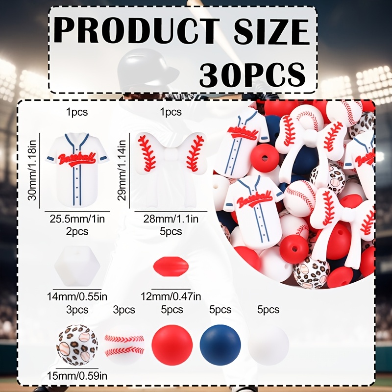TEMU 30pcs Cute 3d Baseball Sports White Baseball Jersey Bow Silicone Beads Set Wholesale- Silicone Beads, Beads For Jewelry Making, Perfect For Diy