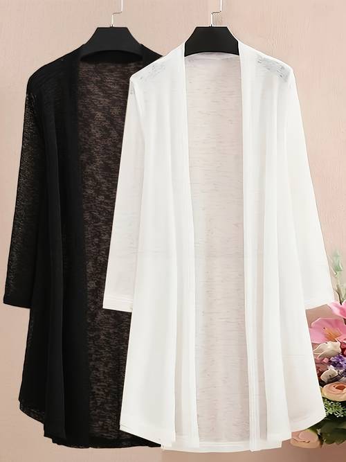 value 2pcs set 2026 new womens elegant long sleeve cardigan solid color cover up slightly stretchy semi sheer fabric suitable for beach vacations and daily casual wear versatile plus size outerwear and cover up for spring summer and fall