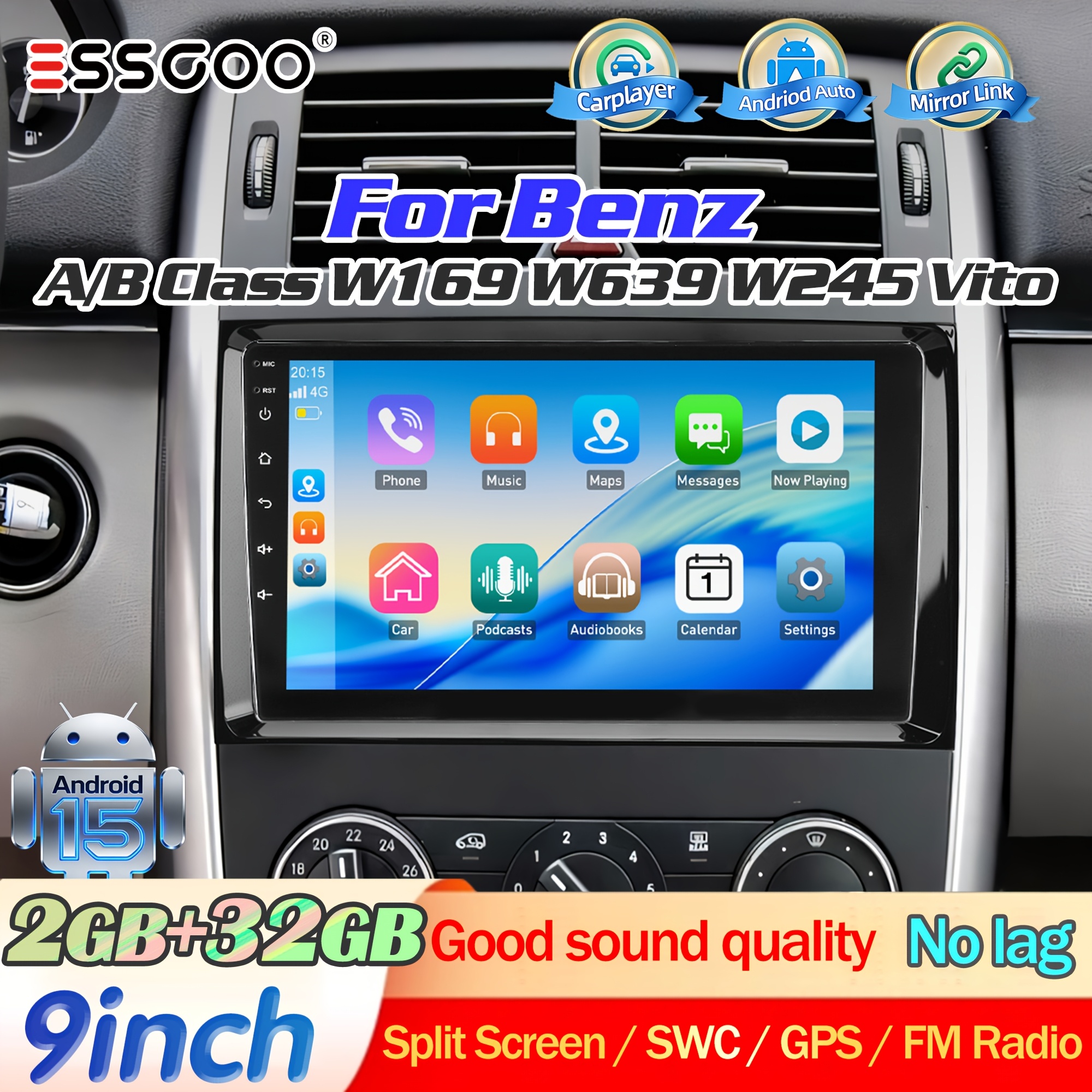 Image of Essgoo [ Style] 15 Upgrade For Benz A/ & (w169/w245/w639) | 9" Ips Touchscreen With Integrated Frame | 2+32gb | & Auto | Gps Navigation With | Asp Sound Setting | Rear Camera Vide