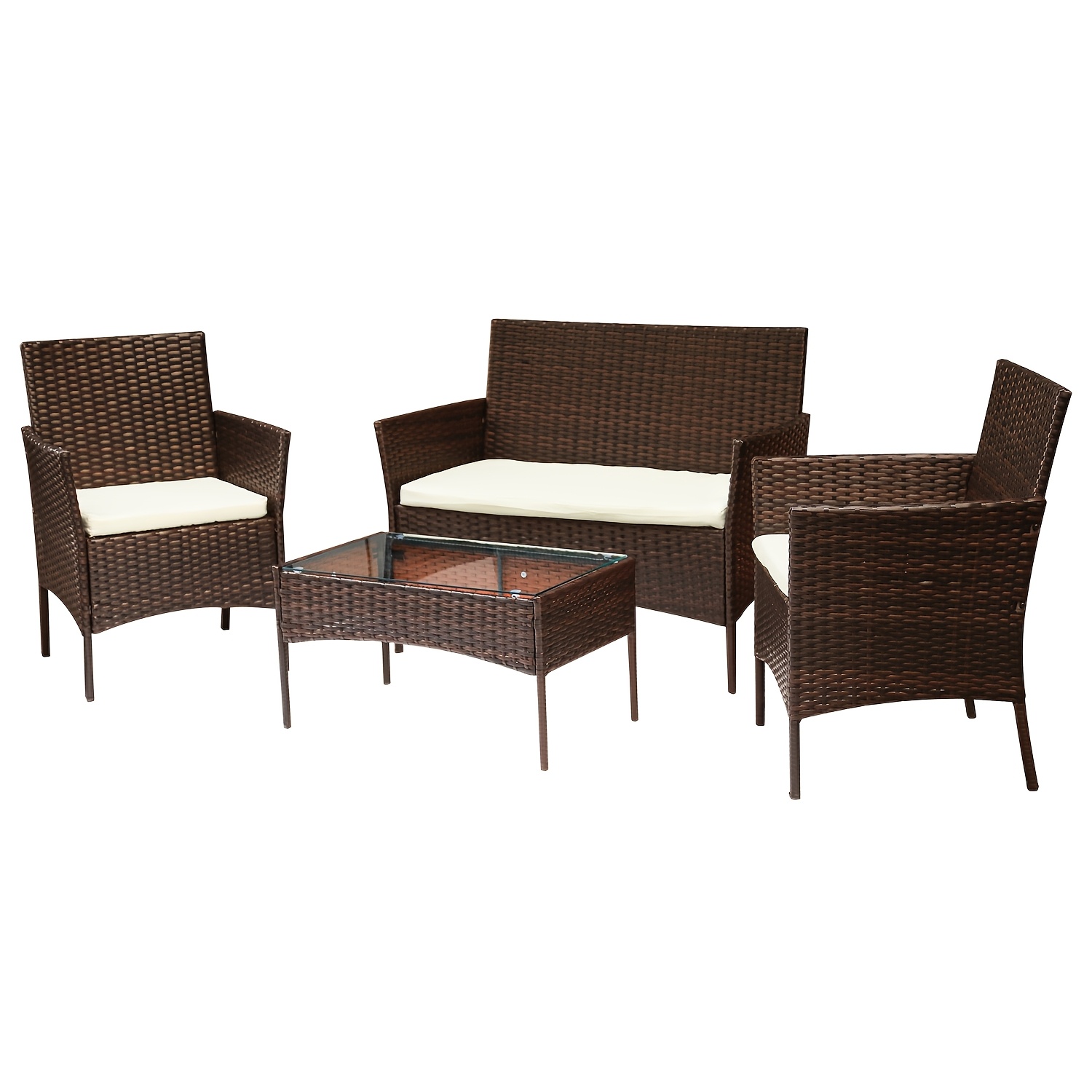 4pcs Synthetic Furniture Set, Balcony Furniture Set With Glass Table, Includes 2 Armchairs And 1 Two-seater Bench, With 5cm Thick Cushions, Suitable For , Patios, And Gardens ( In Black And Brown)