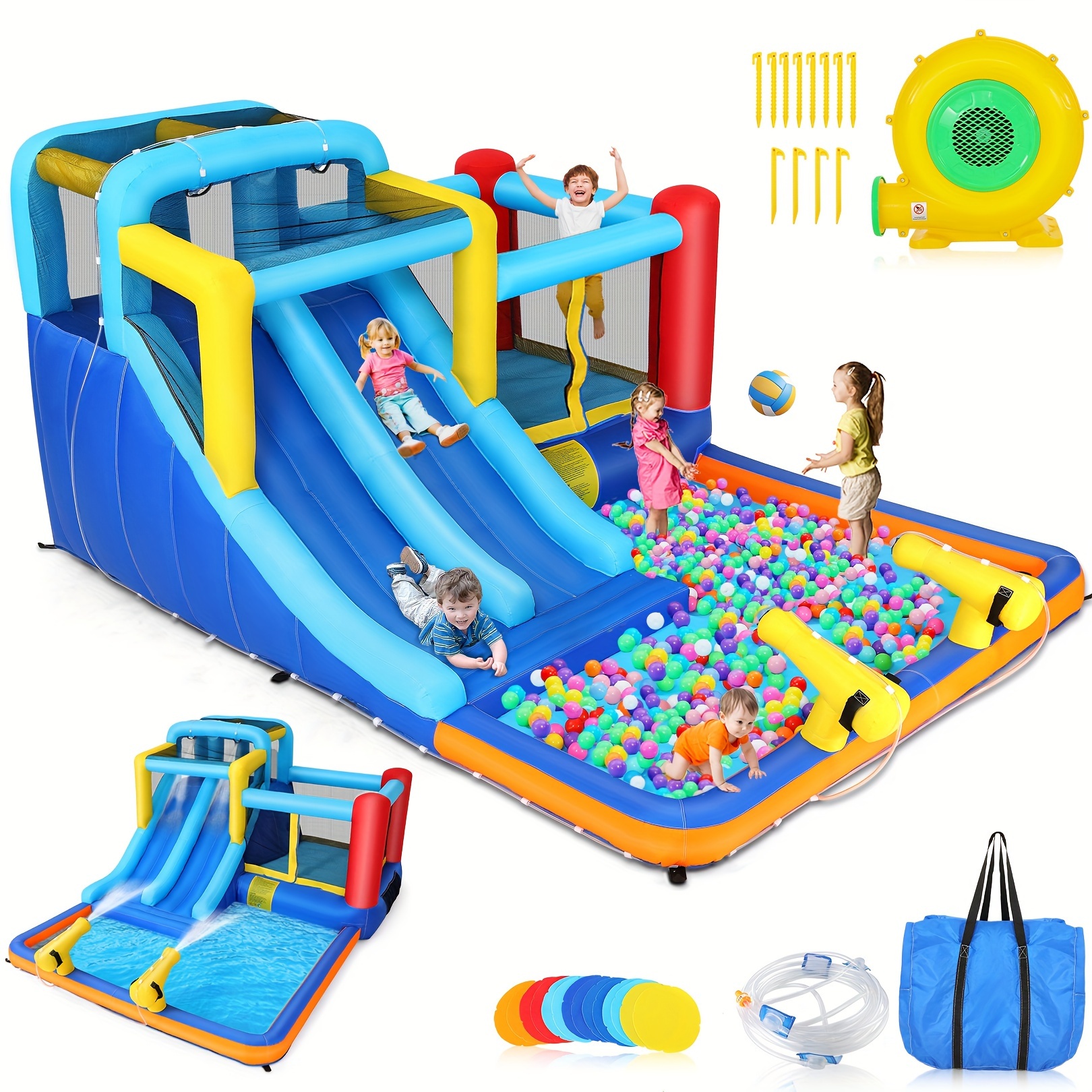 TEMU gonflable de piscine avec deux toboggans aquatiques, parc 9 en 1 avec canon à eau, de saut et d'escalade avec pataugeoire pour cadeaux de fête