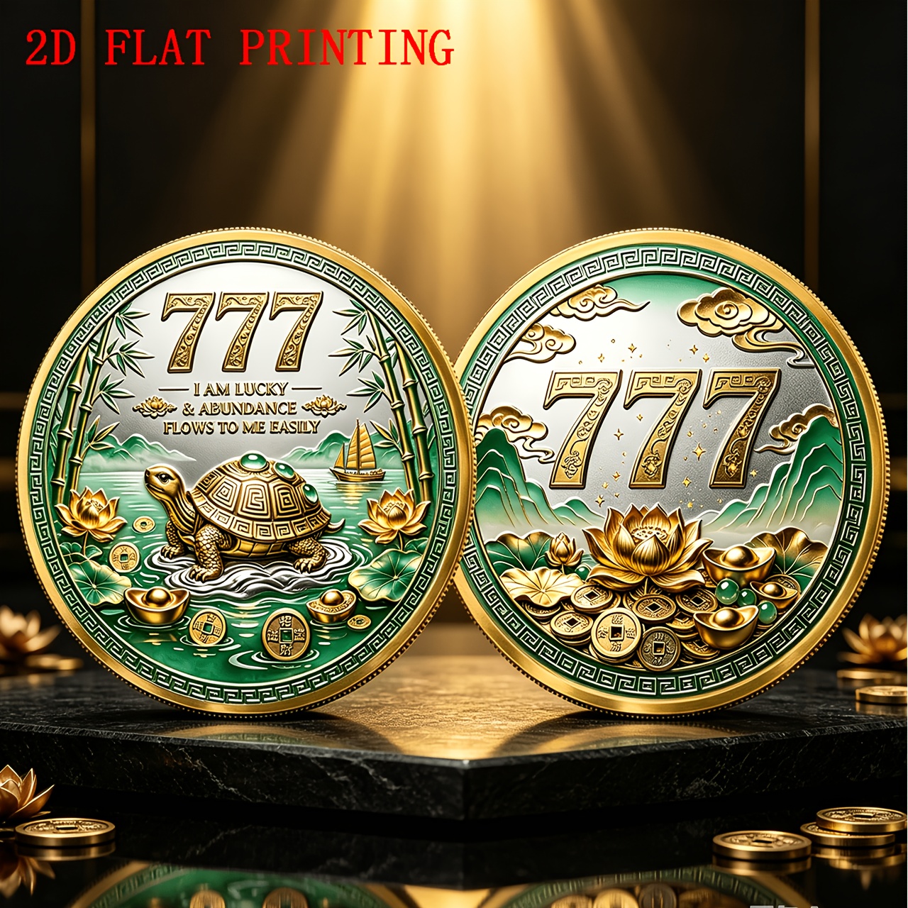 TEMU 1pc, Pièce Commémorative 2D Tortue de 777, Médaille Numéro de Tortue Esprit du Bassin, avec Paysage de Lotus et de Bambou, Souvenir de et de