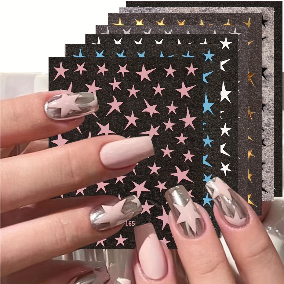 

6/7 Sheet Design Nail Stickers 3d Metal Y2k Nails Metal Silvery Sliders Manicure, Star Design Nail Art Decals