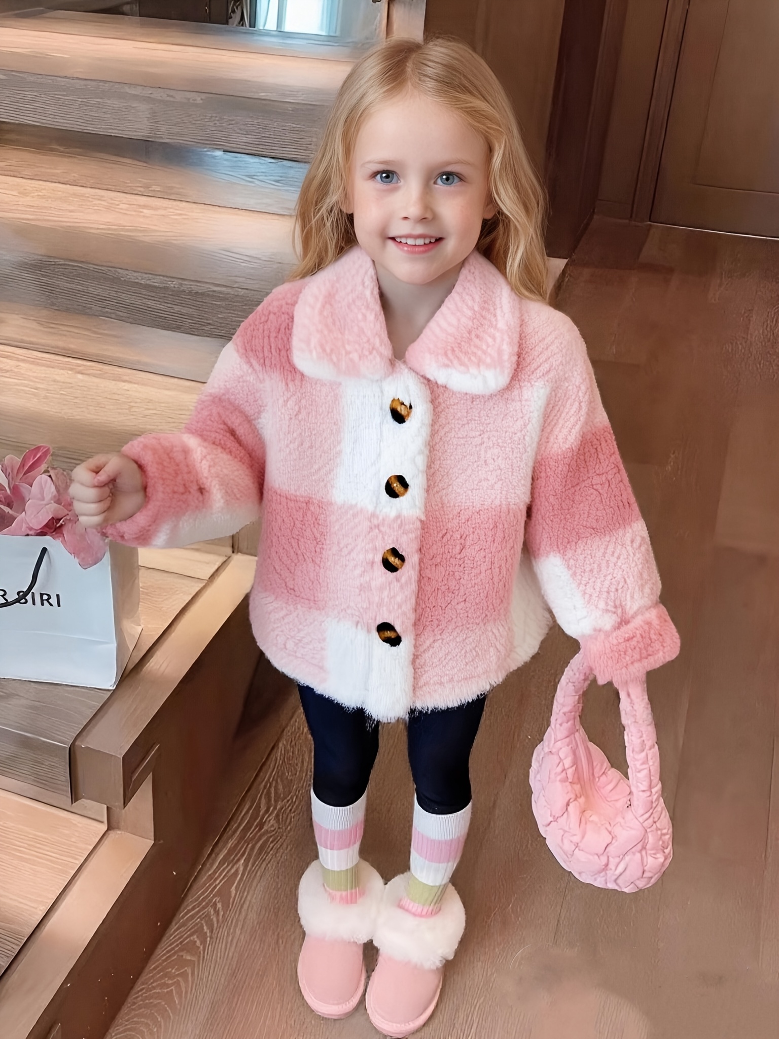 Girls' Fashion Versatile Winter Fuzzy Coat, Stylish Slim-Fit Lapel Plaid Cardigan for Toddlers, -Lined Thick Warm Outerwear