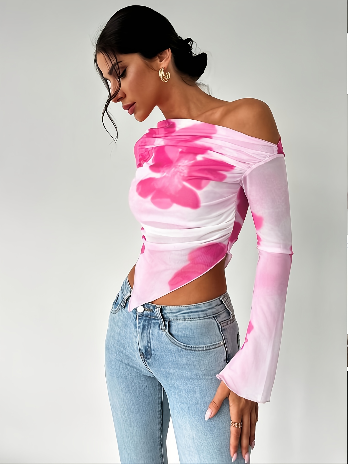 elegant shoulder long sleeve crop top women floral print Temu