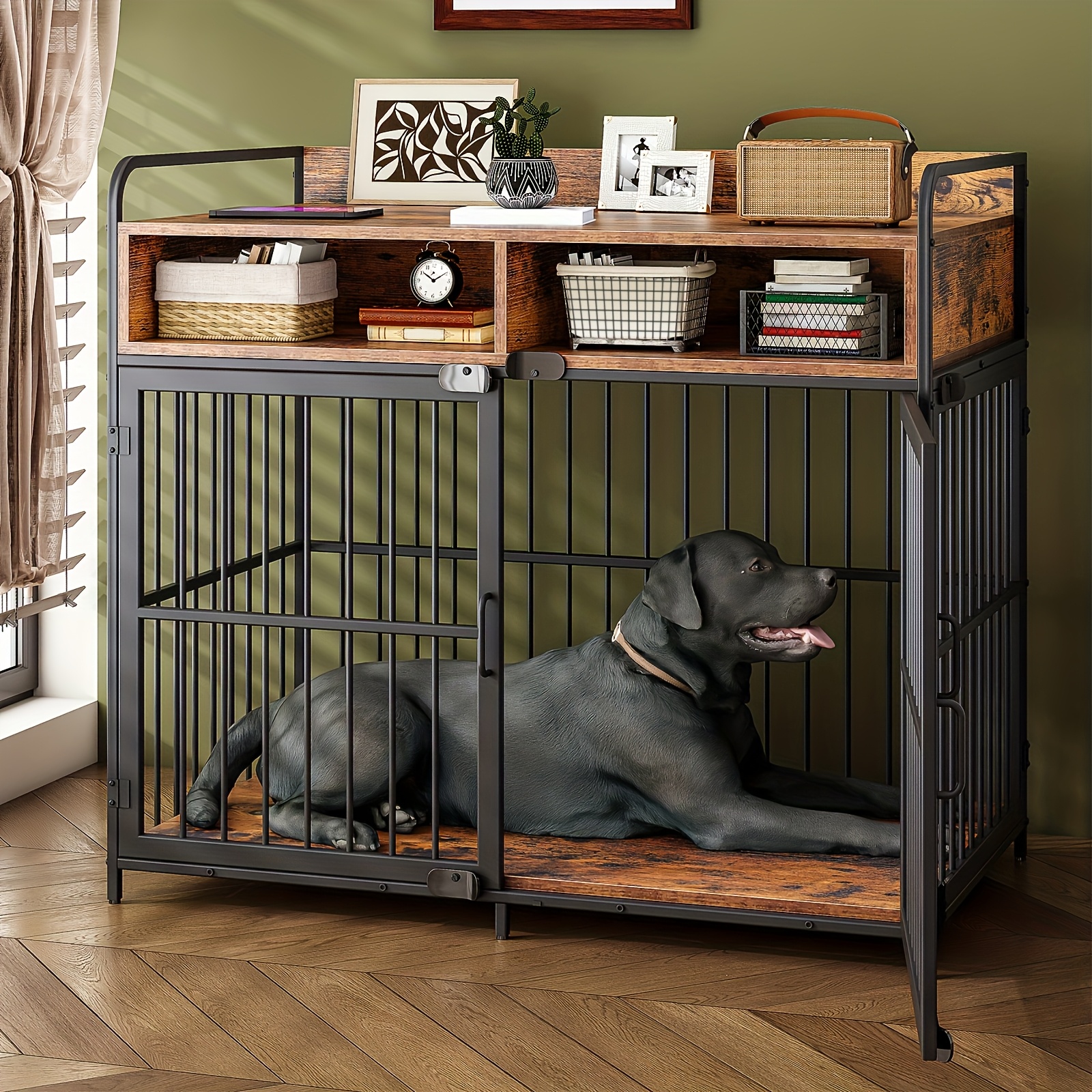 DAWNSPACES Large Dog Crate Funiture With Drawers, 78.7" Luxury Wooden Heavy Duty Dog Kennel Table Furniture With Sliding Door, Indoor Dog