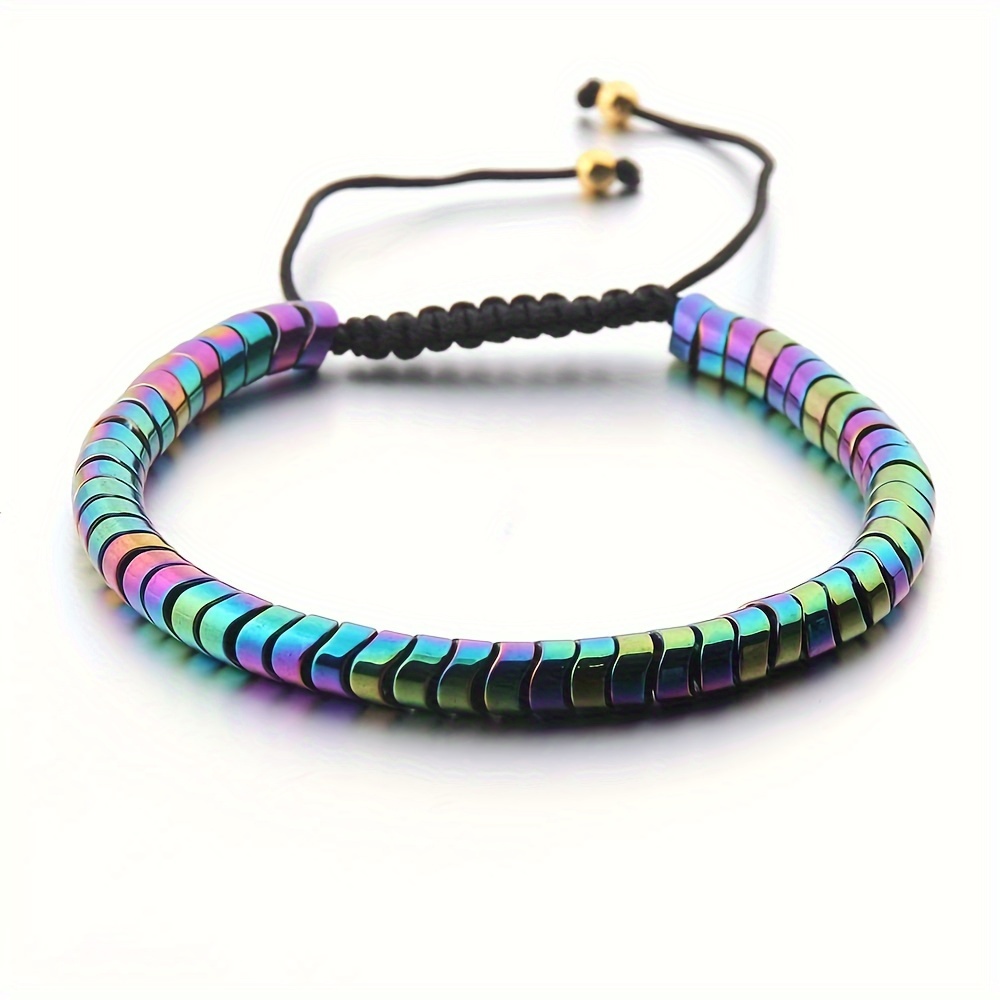 

Colorful Beads Bracelet, Unisex Adjustable Woven Wristband, Hip Hop Style, Punk Fashion Accessory With Iridescent Waves Design