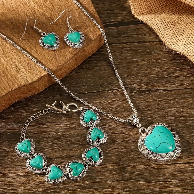 TEMU 1 Set Vintage Elegant 925 Sterling Silver Turquoise Heart Pendant Necklace And Bracelet With Matching Earrings, Bohemian Style Jewelry For Women, Daily And Party Wear, Accessory
