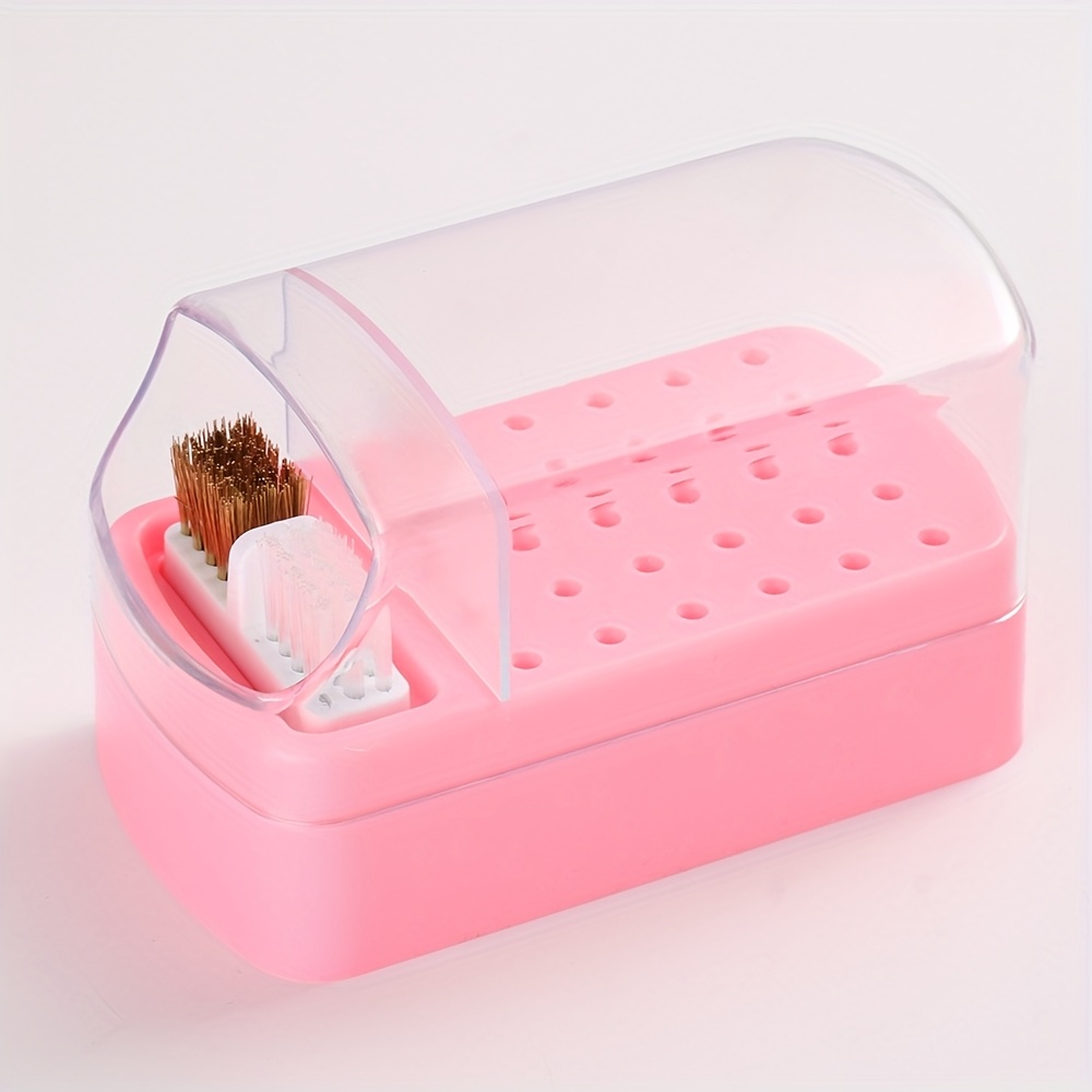 Image of Pink 30-slot Nail Drill Bit Organizer With Cleaning Brush – Clear Plastic Storage Box For & Bits, For & Organization, Tool Cleaning Accessory | Portable Design | Clear Plastic Construction