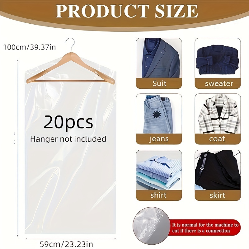 Image of 20pcs Of Transparent Plastic Garment Covers, Suitable For Dry Cleaning, Designed To Protect Clothing . Ideal For Home Storage, Shops, And Travel Purposes. Hangers Are Not Part Of The Package