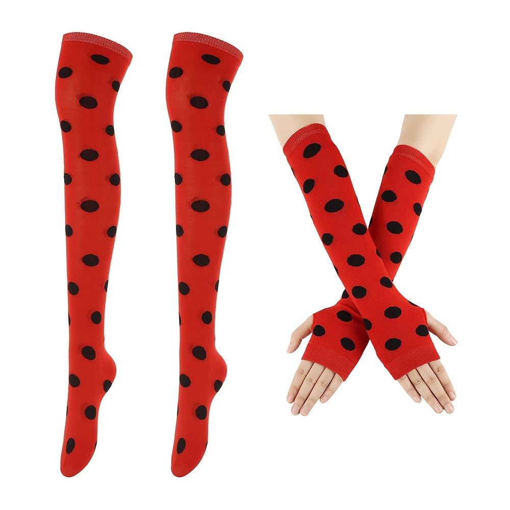 TEMU Lot de 2 paires de chaussettes hautes à pois rouges et blancs et protège-bras, chaussettes hautes pour femme et protège-bras avec gants à doigts