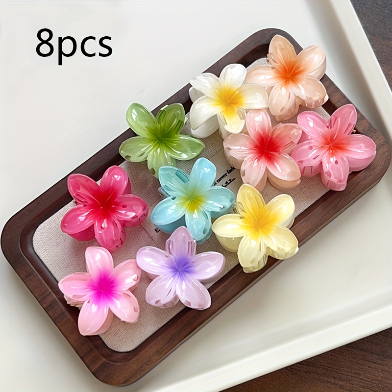 TEMU 8pcs Set Women's Frangipani Claw Clips, Small Back-comb Hair Clips, Beach Vacation Half-up Hair Ties, Shark Clip Hair Accessories