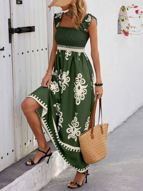 european and american womens sleeveless printed elegant beach dress printed wrap dress