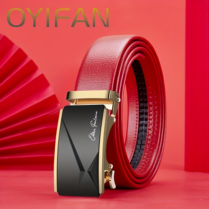TEMU Oyifan Men's Cowhide Belt With Automatic Sliding Ratchet , Casual Men Waistand For Pants, No-hole Adjustable Trim For - Elegant Business And