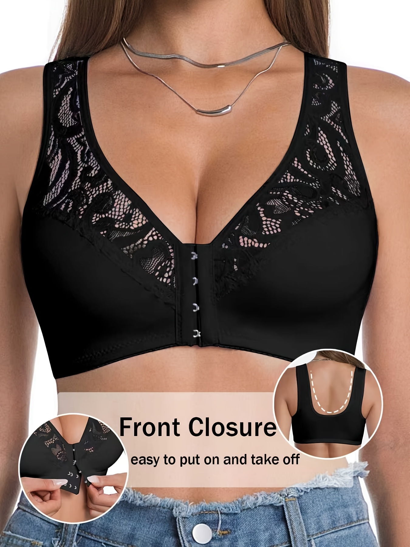 1pc comfortable and breathable front clasp bra spring summer seamless   fabric lace trimmed straps non padded daily bra