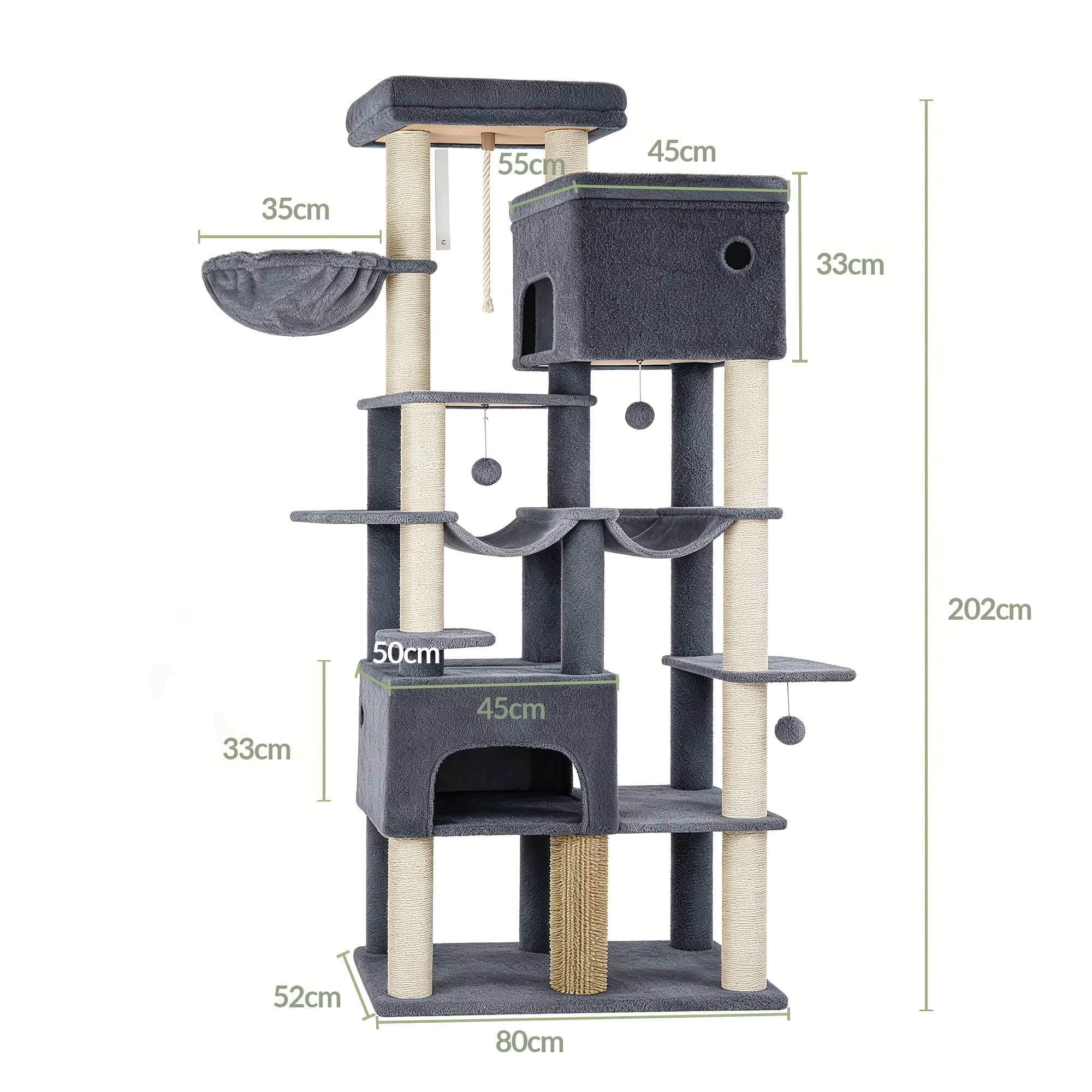 Image of 202cm Large Cat Tree, 10 Sisal Posts, 2 Caves, 2 Hammocks, Large Anti-sway And Scratch-resistant Platform, Suitable For Multi-cat Households, Prevents Furniture Damage, Cat House