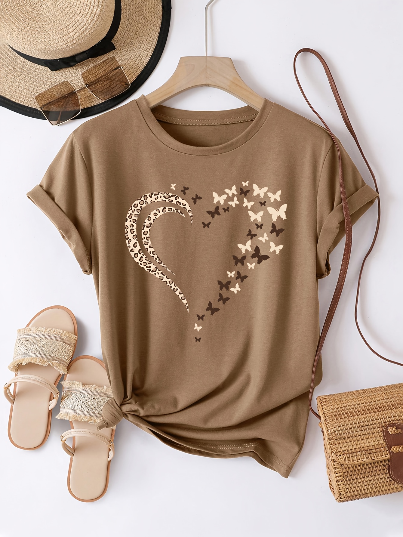 Casual Crew Neck Short Sleeve T-Shirt, Women'S Polyester Basic Round Neck Pullover, Heart Butterfly Pattern, with Slight Stretch, Regular Length and H Fit