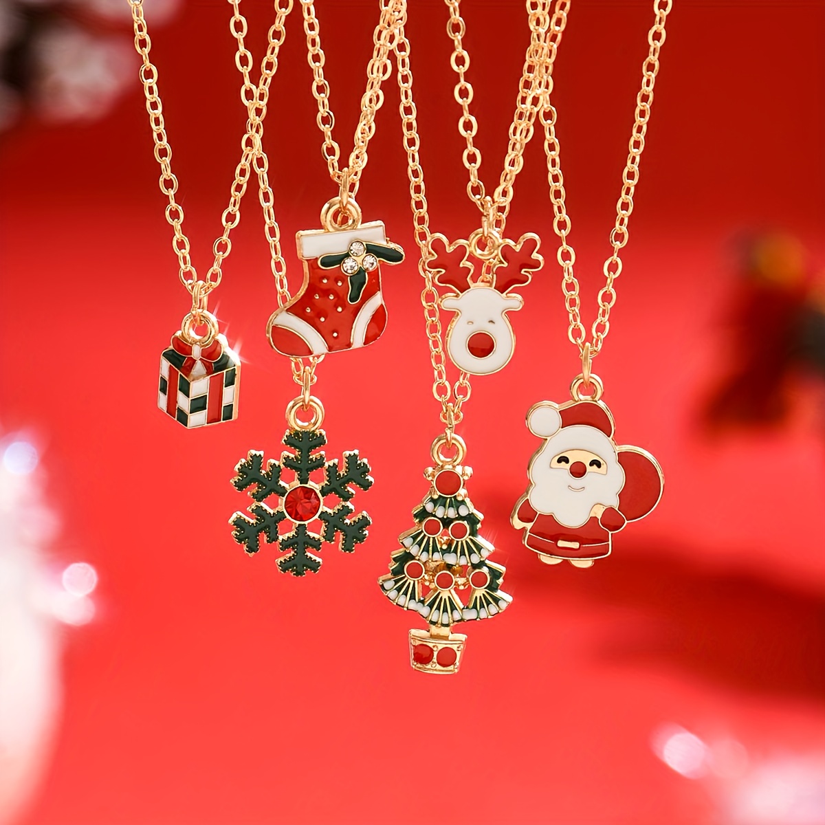 TEMU 6pcs Christmas Fashion Minimalist Santa Claus, Boots, Gifts, Snowflakes, Christmas Tree, Reindeer Head Alloy Pendant Necklace Set
