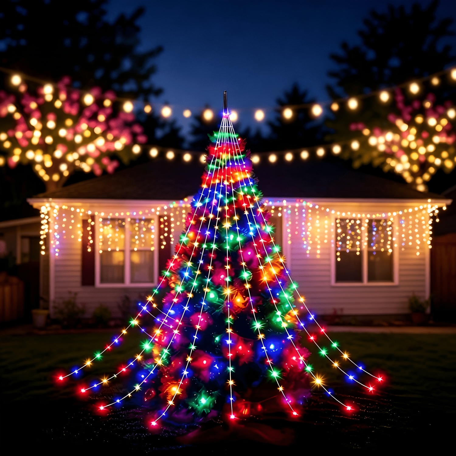 TEMU 1pc 180-led Christmas Tree Rope Light Hanging Waterfall Light, Fairy Decorative String Lights, 9 Lighting Modes, Solar Powered, Suitable For