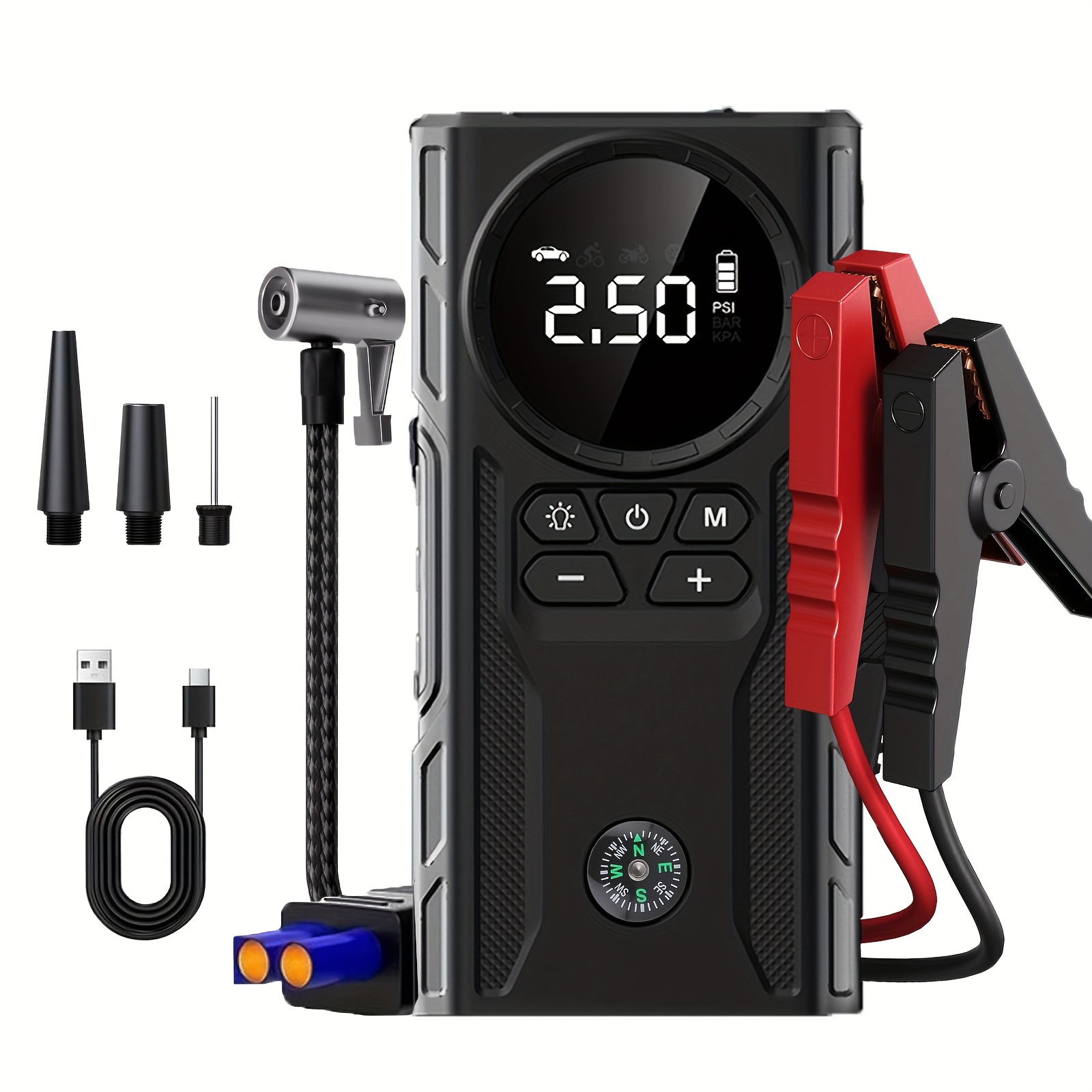 TEMU Jump Starter With Air Compressor, 7000a 150psi Battery Jumper Starter Portable (9.0 Gas/8.0l ), Jump Box Car Battery Jump Starter With Smart Jumper Cables, 3 Flashlight, Lcd Display