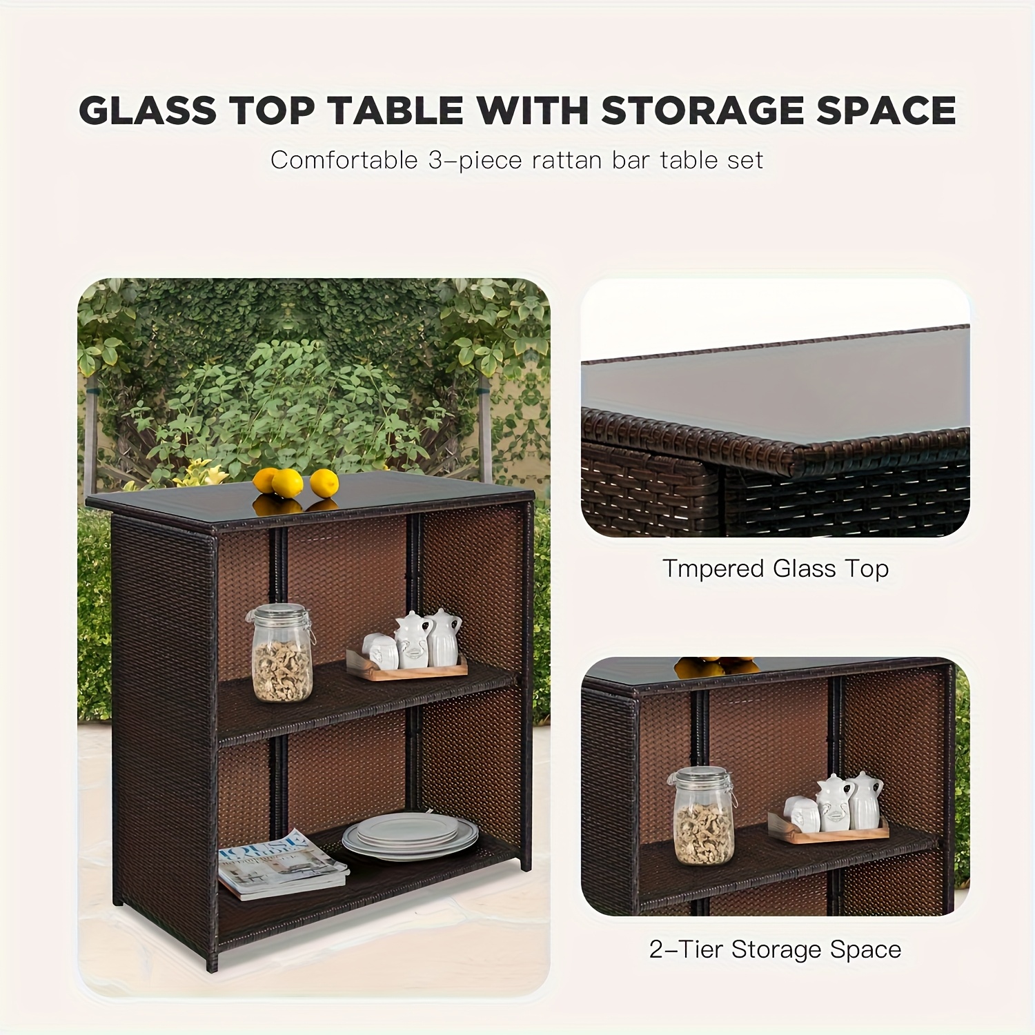 Rattan Bar Set 3pcs Wicker Bistro Set Sturdy Frame Bar Height Table with Glass Table Top Storage Shelves 2 Bar Stools for Patio Poolside Porch Outdoor Indoor, Outdoor Bar Set, Patio Table And Chair Set, Outdoor Furniture, Patio Bar Set with Table, Outdoor Dining, Poolside Seating, Wicker Furniture, Rustic Bar, Patio Furniture Outdoor, Outdoor Bar Table And Chair, Outdoor Table And Chair Set, Outdoor High Top Table And Chair, Outdoor Dining Set, Patio Set Outdoor, Outdoor Patio Bar