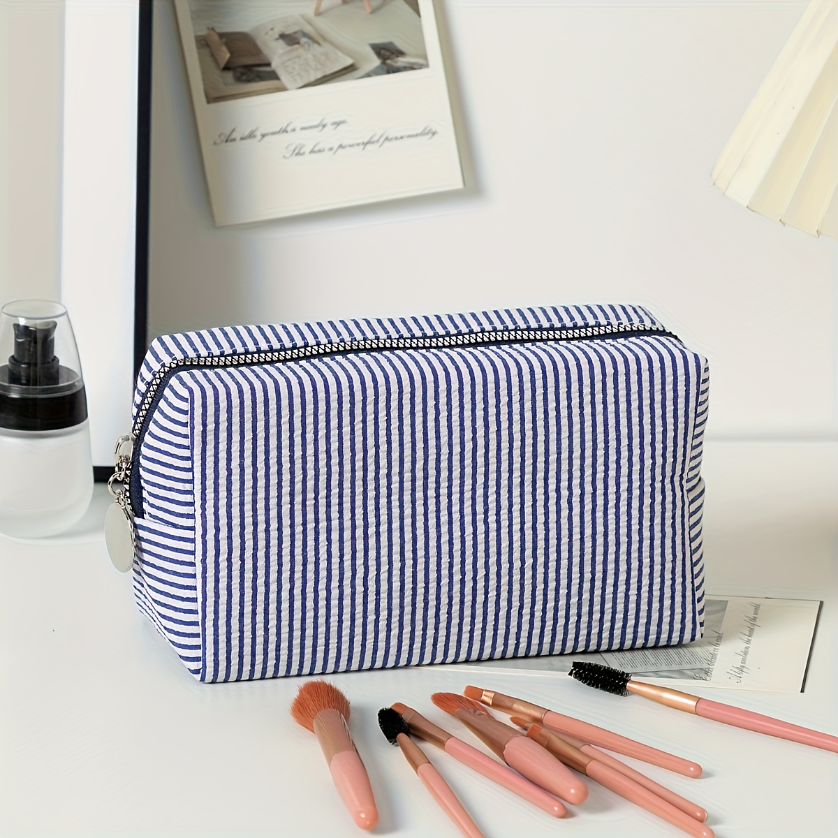 [name Customization] Striped Travel Toiletry Bag, Zippered Makeup Bag - Personalized Name Embroidery, Portable Polyester Cosmetic Organizer, Suitable For Travel, School, Dormitory, Or Home Use