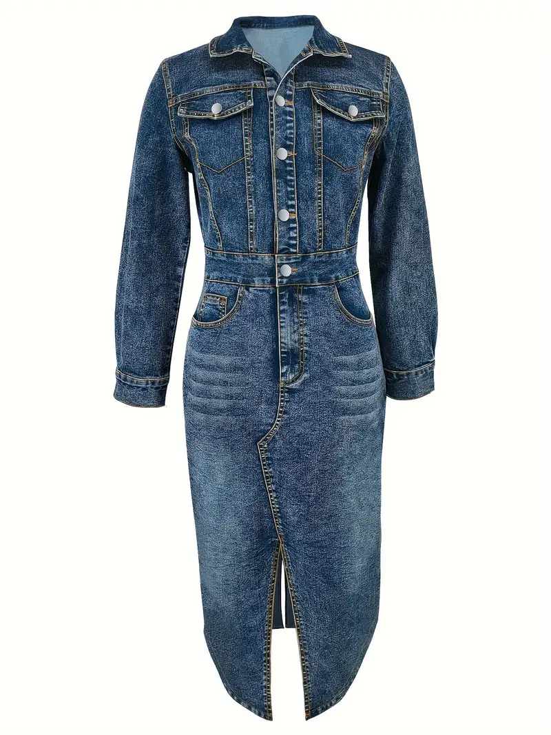 womens straight fit long sleeve denim dress elegant casual womens clothing denim details 2