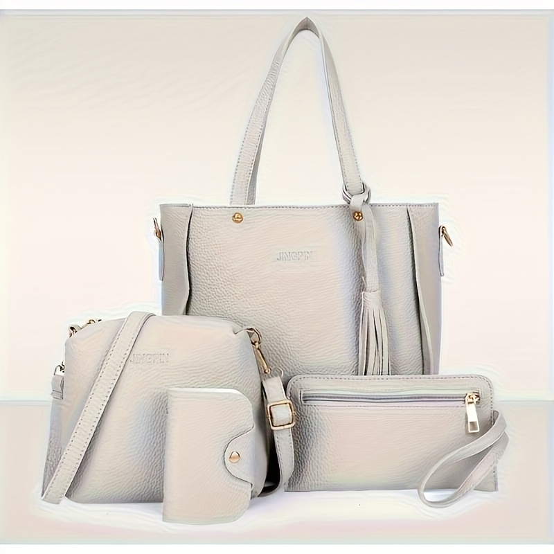 4 piezas de elegante bolso de hombro con borlas de estilo coreano con cierre de hebilla, gran capacidad para mujeres, incluye bandolera, bolso de mano y cartera, colores mixtos, cierre de cremallera, sin pintura de borde, tema de ocasión, diseño de color sólido, sin bordes.
