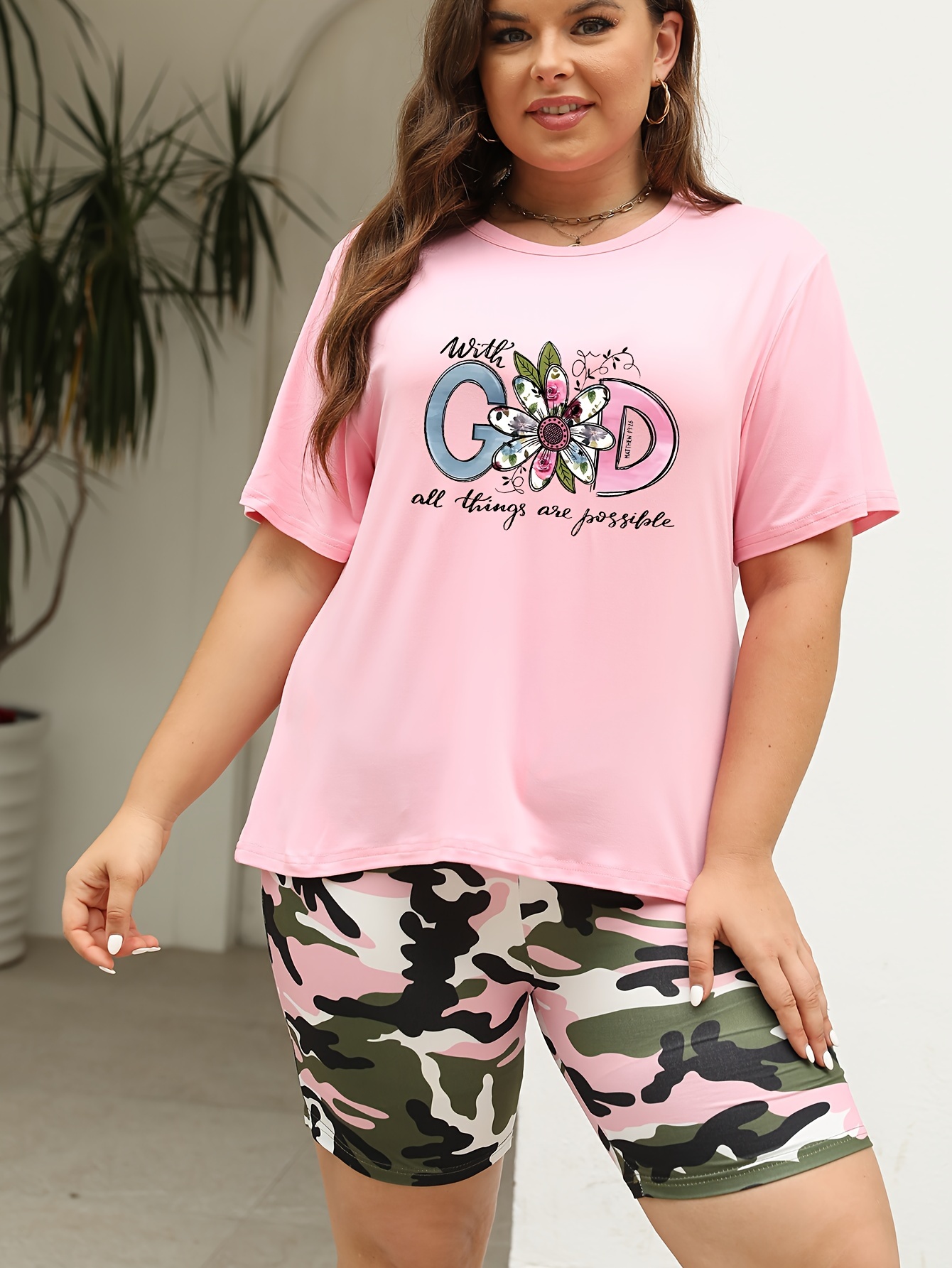 Women’s European & American Plus Size 2-Piece Sports Suit – Casual Crew Neck Top & Printed Pants, Stretchy Activewear Set