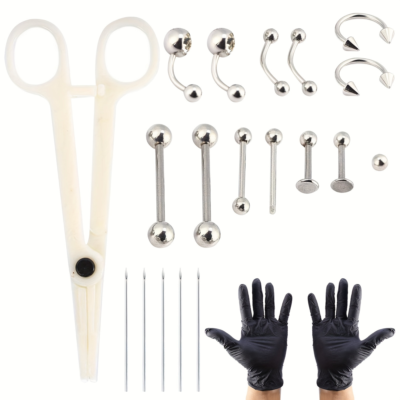 

Piercing Kit, 20pcs/set Tongue Nose Belly Button Body Jewelry Piercing Rings Tool Kit With 1 Piercing Clamp, 1 Pair Of Gloves, 5 Piercing Needles And 6 Pairs Of Piercing Rings