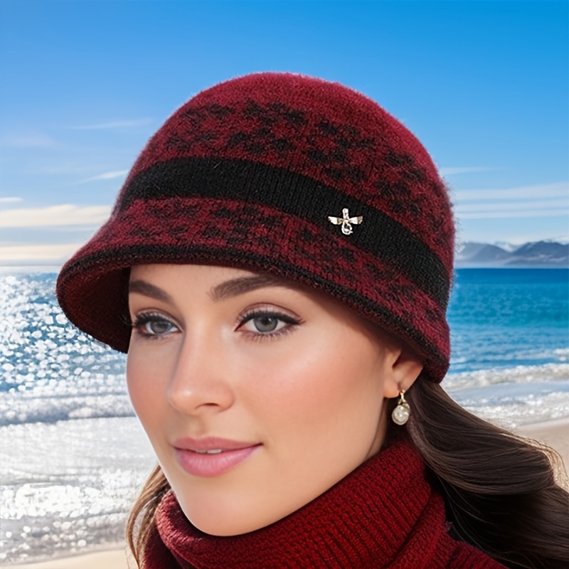 

Cozy Knitted Polyester Balaclava Hat For Women - Furry Cap With Decorative Accessory, Lightweight For Valentine's Day, Holiday Theme, 100% Polyester