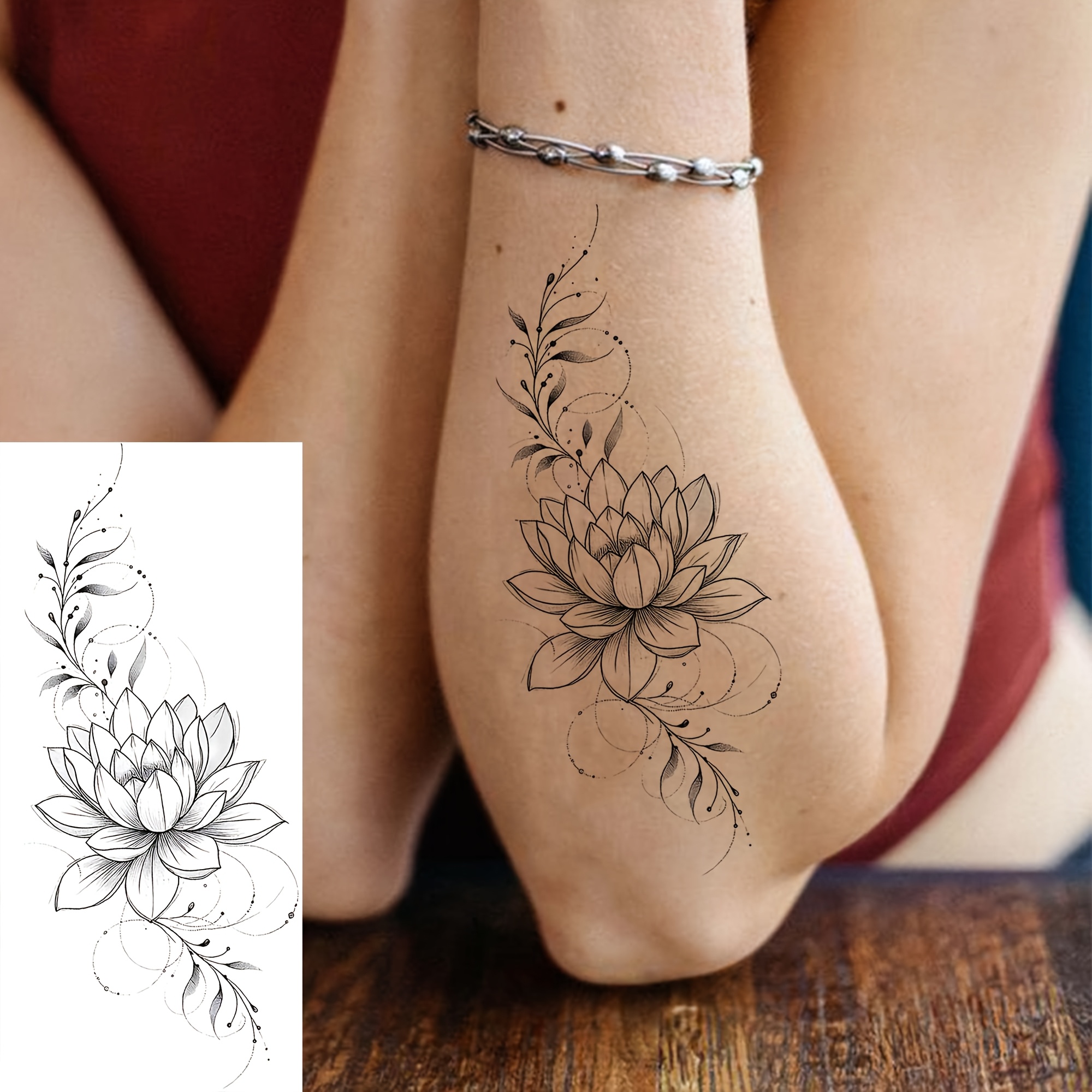 1 Sheet For Lotus Vine Temporary Tattoos For Women Men Hands Finger Foot Neck Waist Legs Thigh Forearm Shank Half Sleeve Arm, Temp Fake Tattoo Stickers Waterproof Long Lasting Realistic Tatoos