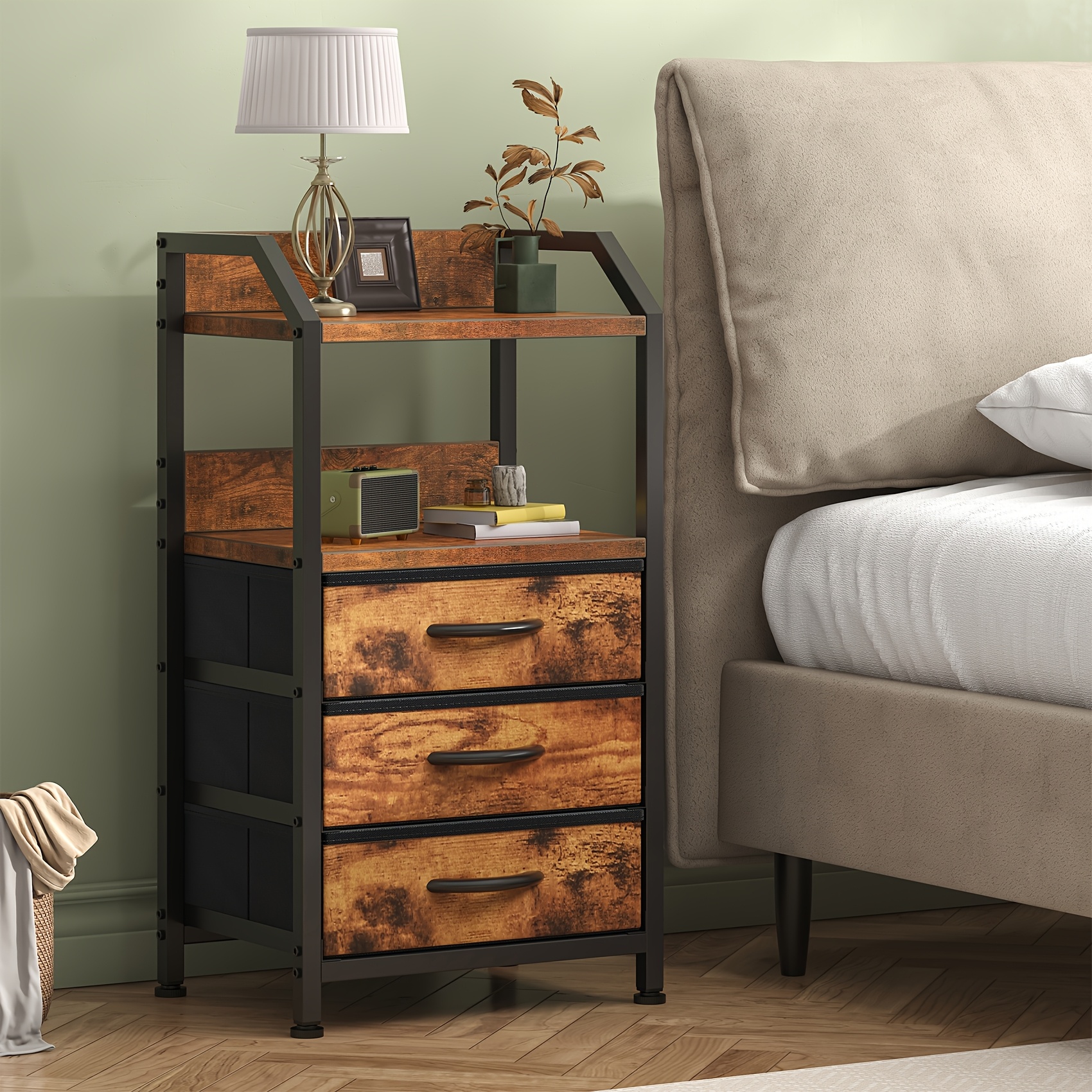 TEMU Industrial Rustic End Table With Storage - Nightstand With 3 Fabric Drawers & 2 Shelves, Wood & Metal Bedside Table Suitable For Bedroom, Living