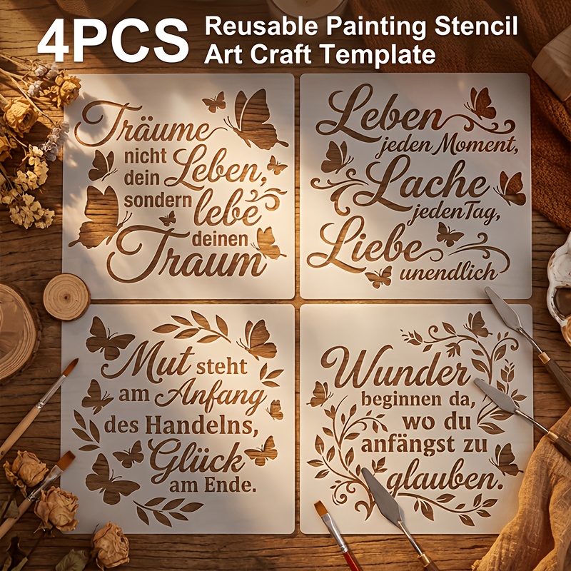 E-shop 4er-Set wiederverwendbare Schablonen mit deutschen Phrasen, Motivationszitaten & Schmetterlingsvorlagen – Geeignet für Holzschilder,