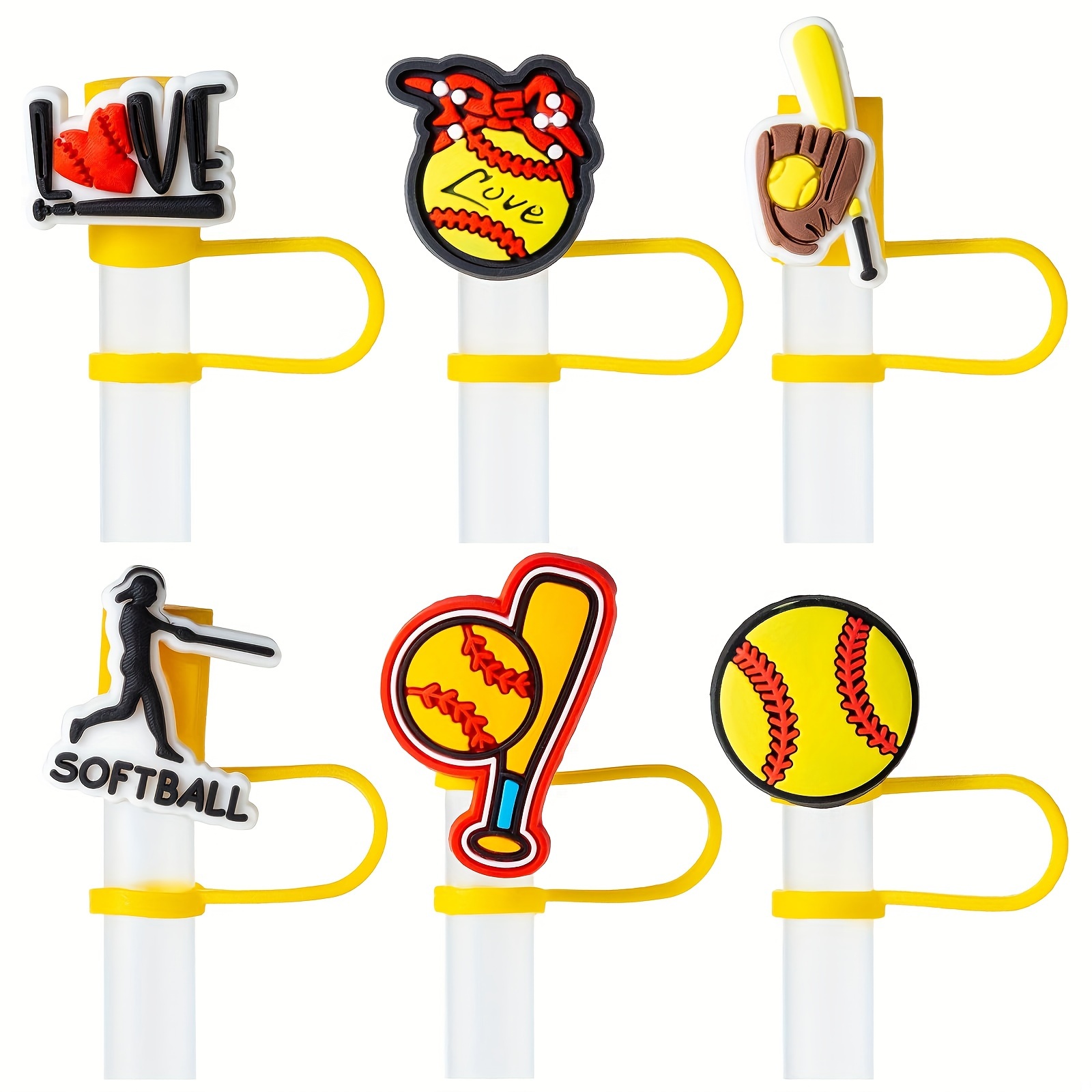 

6pcs Softball Series Straw Covers For 10mm/0.39in Straw, Leakproof Dustproof Straw Stoppers, Cup Decorative Accessories